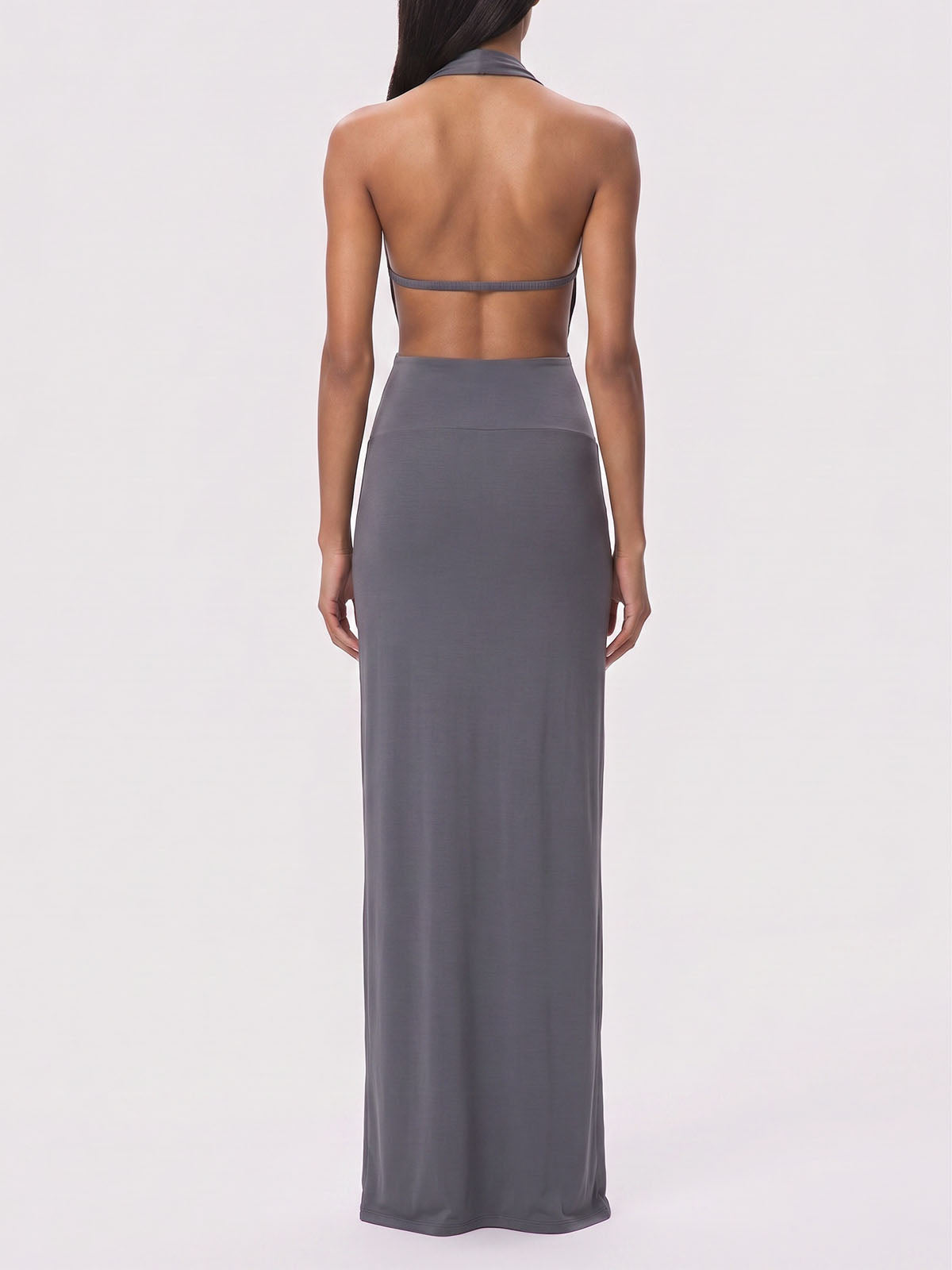 Goddess Draped Plunge Halter Metal Ring Cut Out Maxi Dress - Charcoal