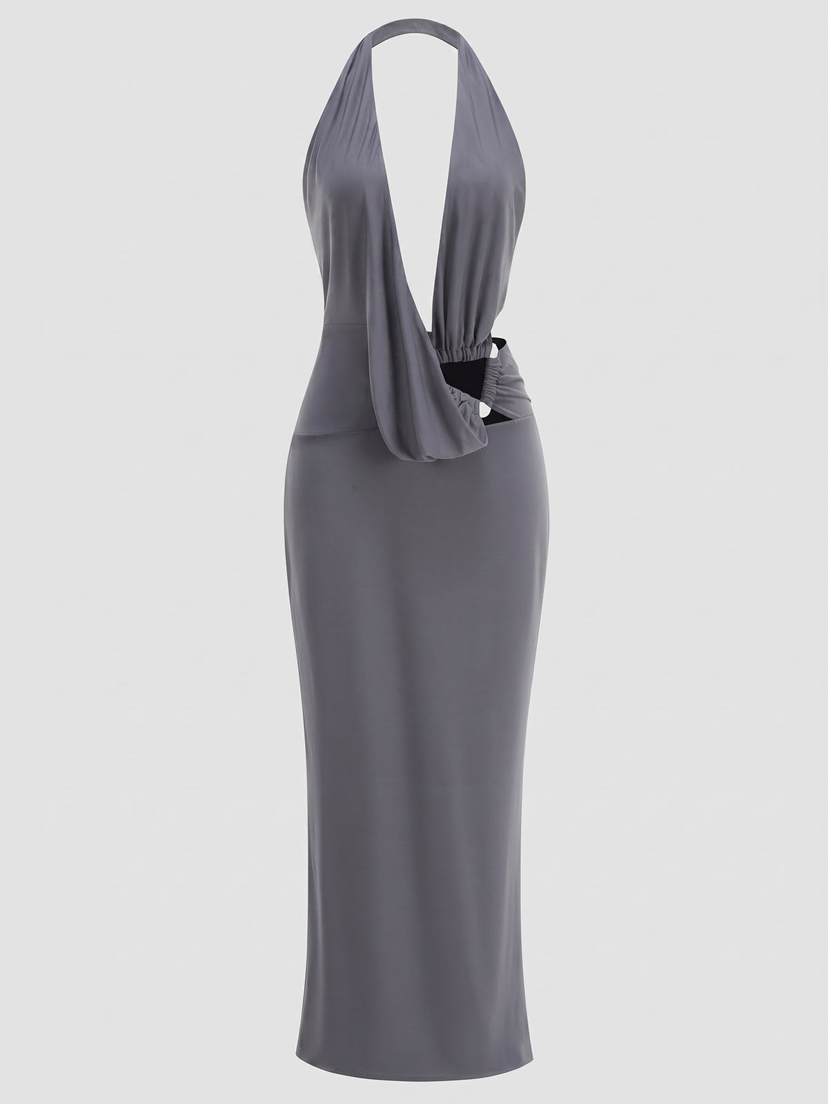 Goddess Draped Plunge Halter Metal Ring Cut Out Maxi Dress - Charcoal