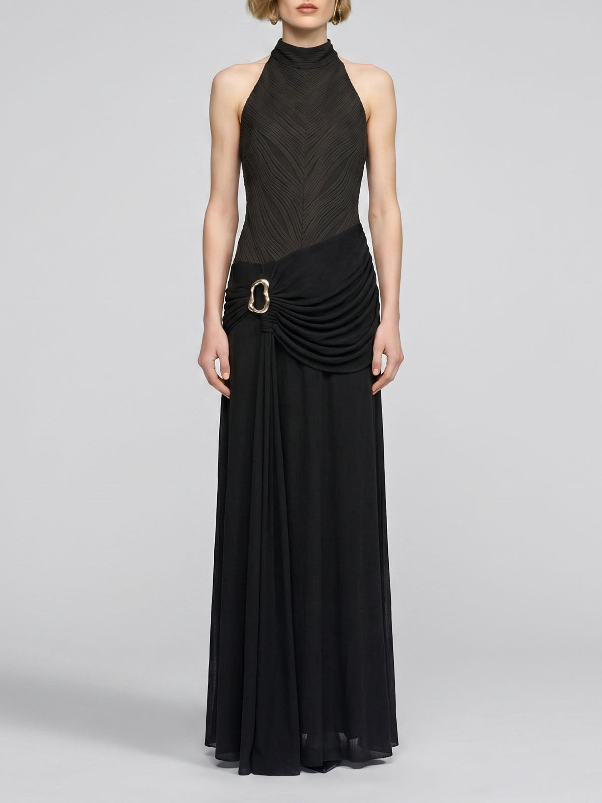Goddess Draped Ring High Neck Sleeveless Formal Maxi Dress - Black