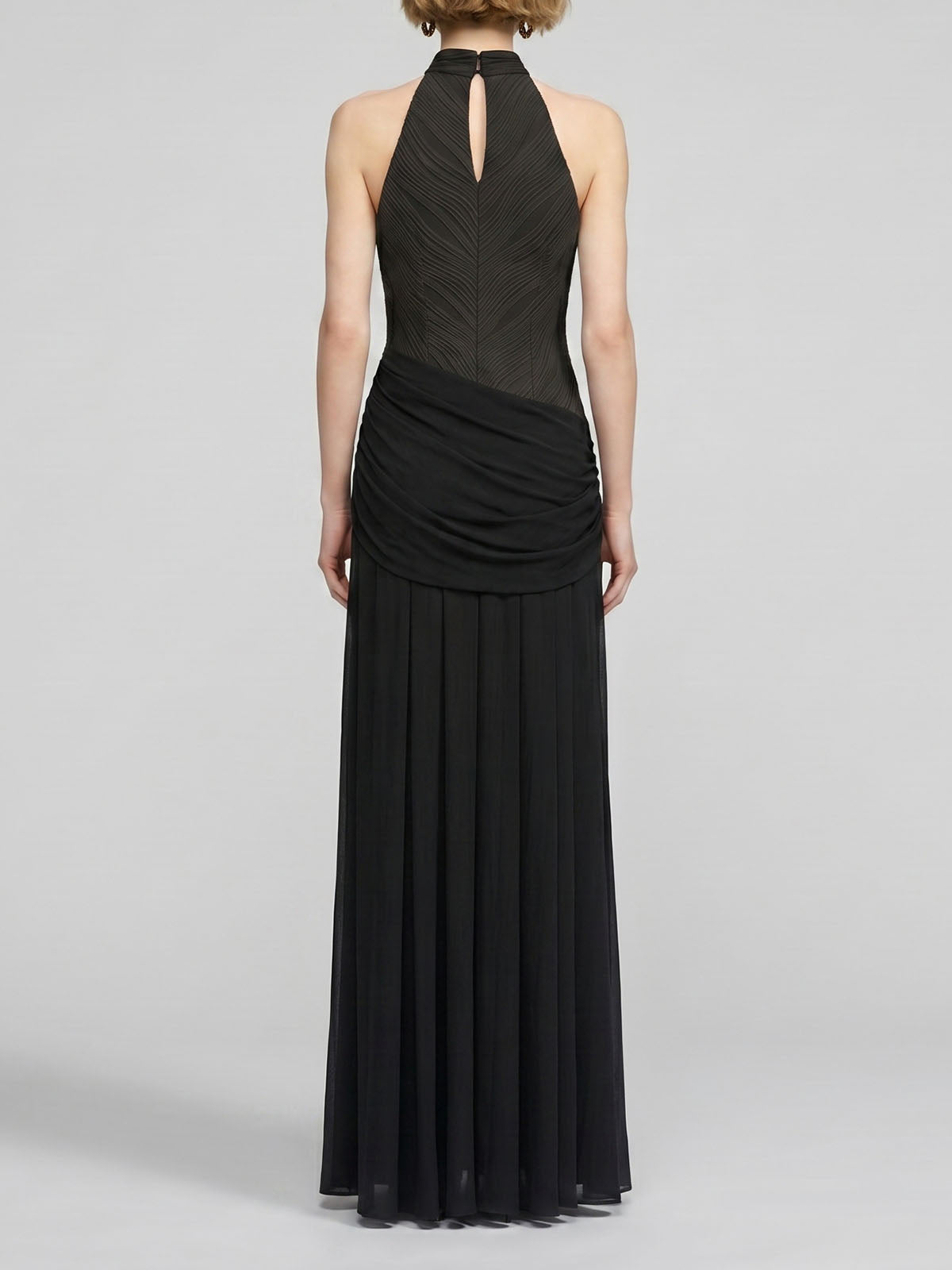 Goddess Draped Ring High Neck Sleeveless Formal Maxi Dress - Black