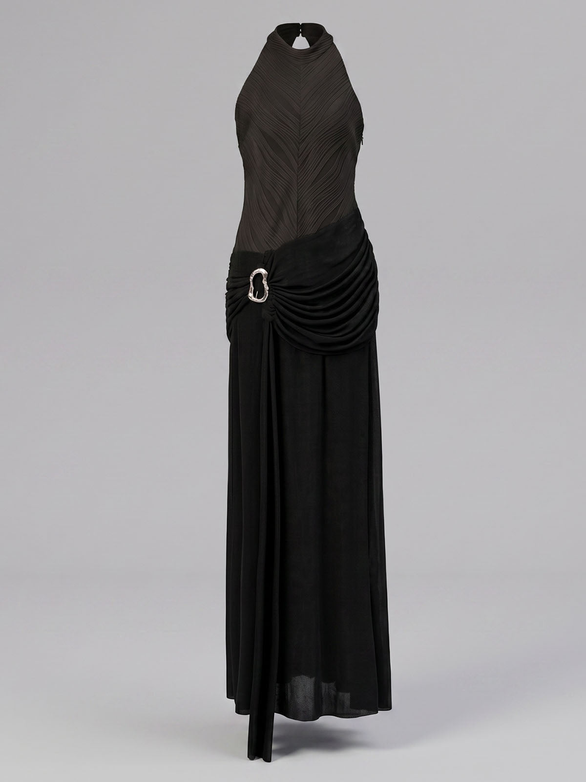 Goddess Draped Ring High Neck Sleeveless Formal Maxi Dress - Black