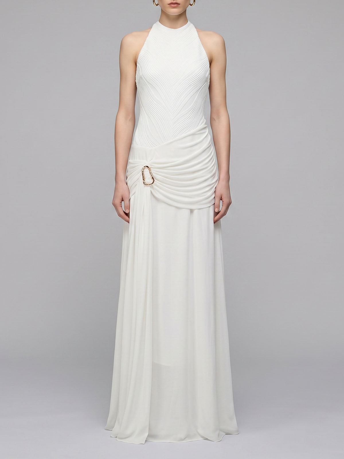 Goddess Draped Ring High Neck Sleeveless Formal Maxi Dress - White