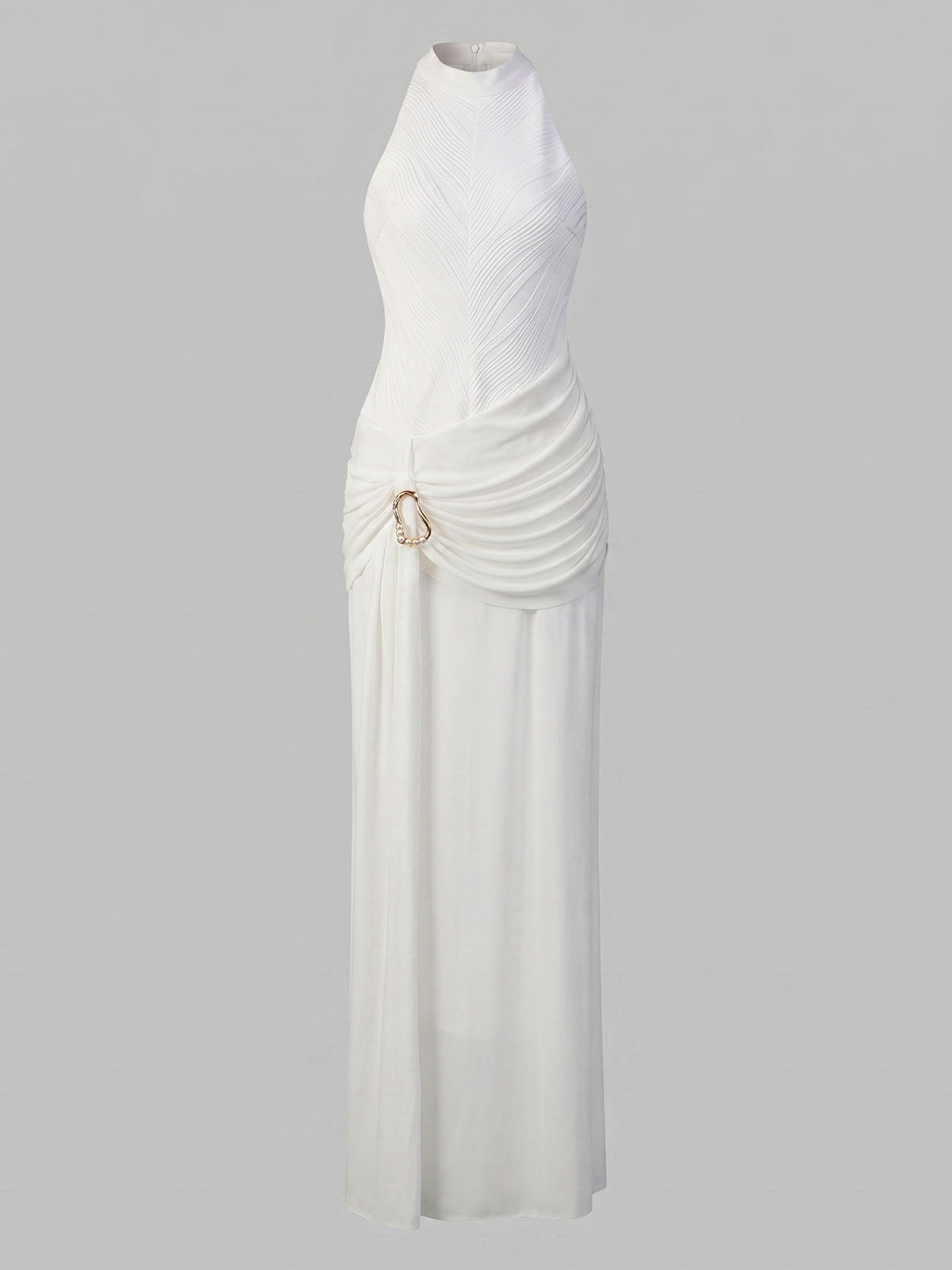 Goddess Draped Ring High Neck Sleeveless Formal Maxi Dress - White