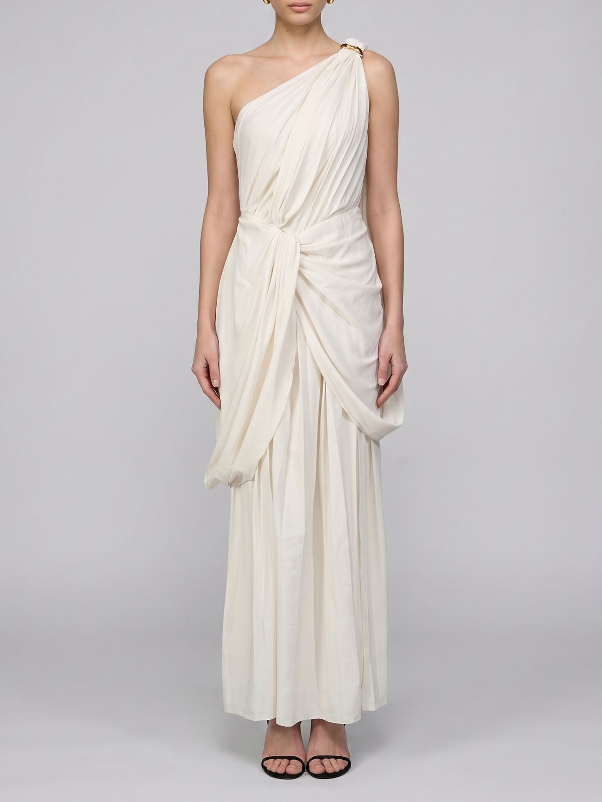Goddess Pleated One Shoulder Sleeveless Formal Maxi Dress - Ivory