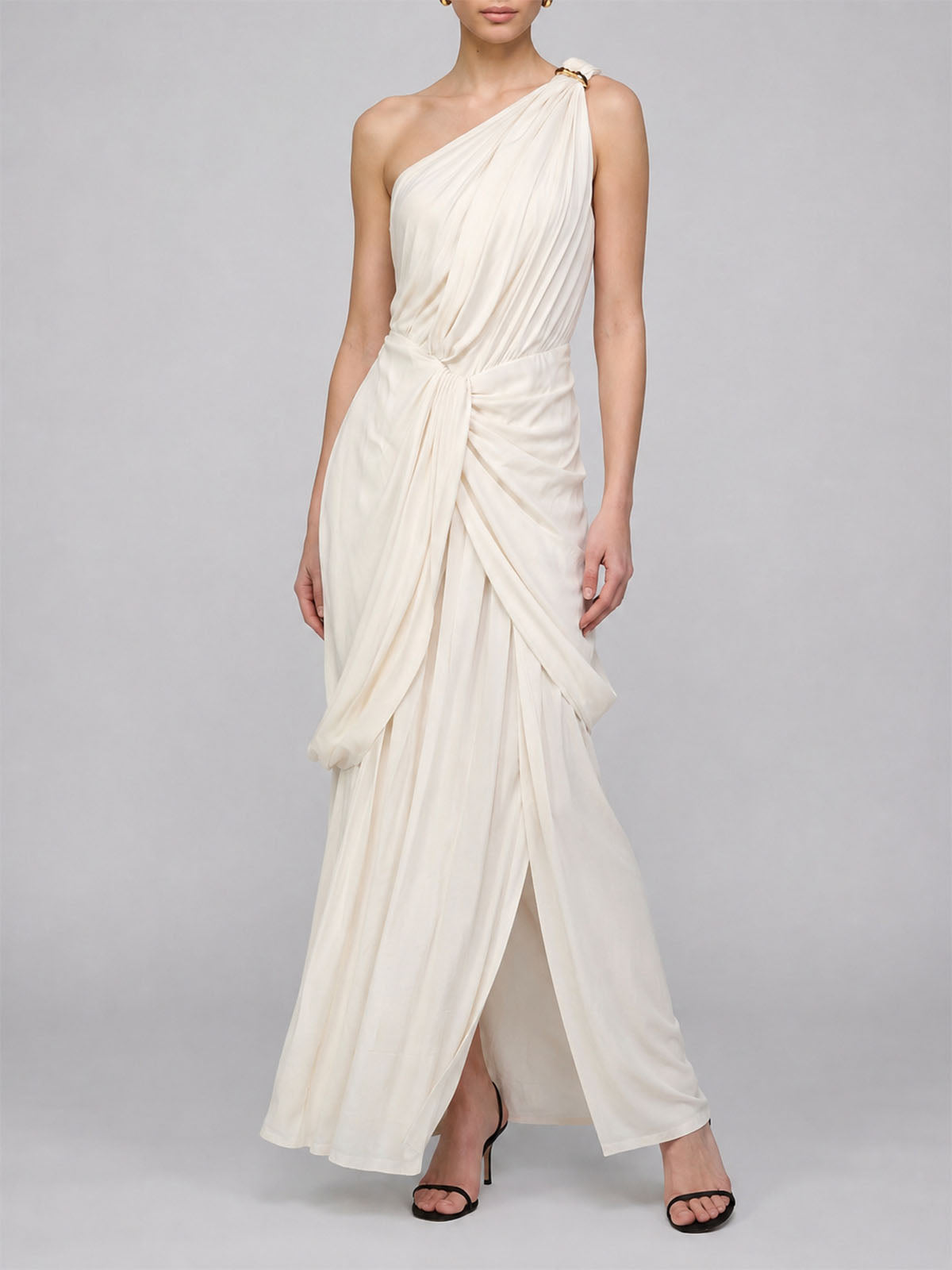 Goddess Pleated One Shoulder Sleeveless Formal Maxi Dress - Ivory
