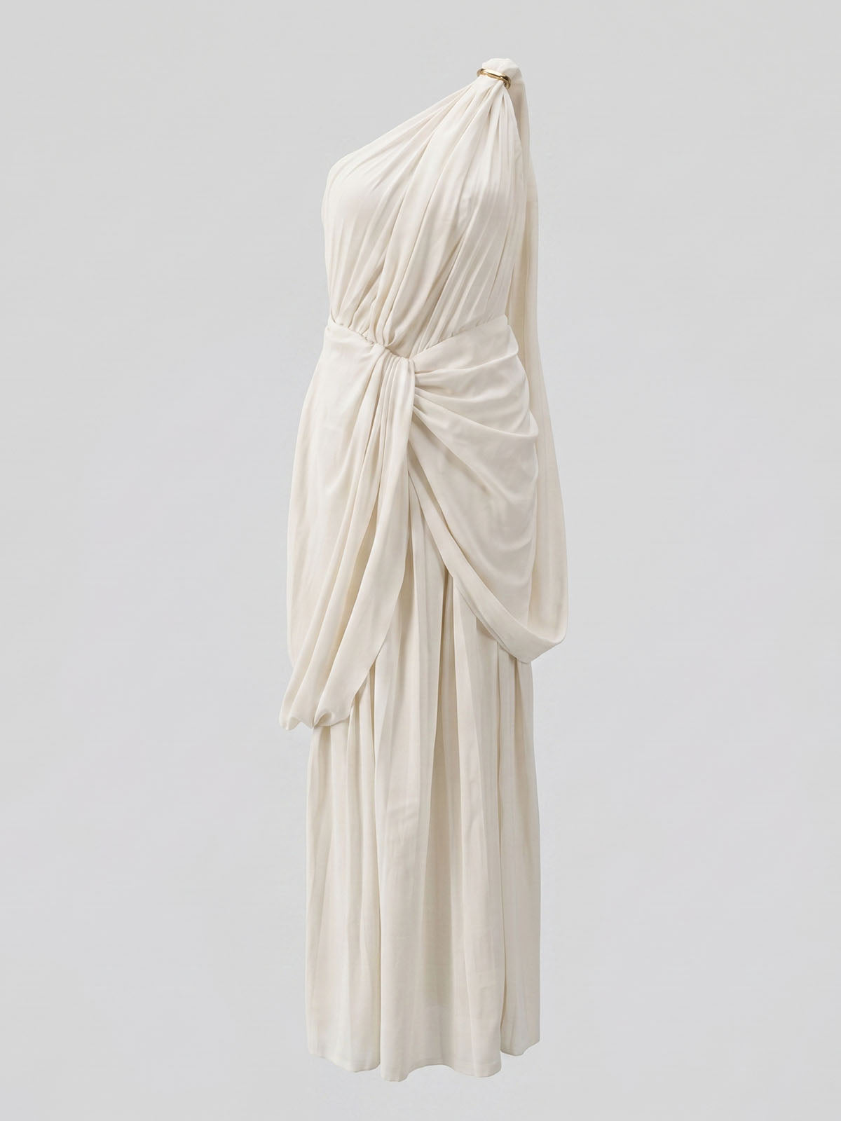 Goddess Pleated One Shoulder Sleeveless Formal Maxi Dress - Ivory