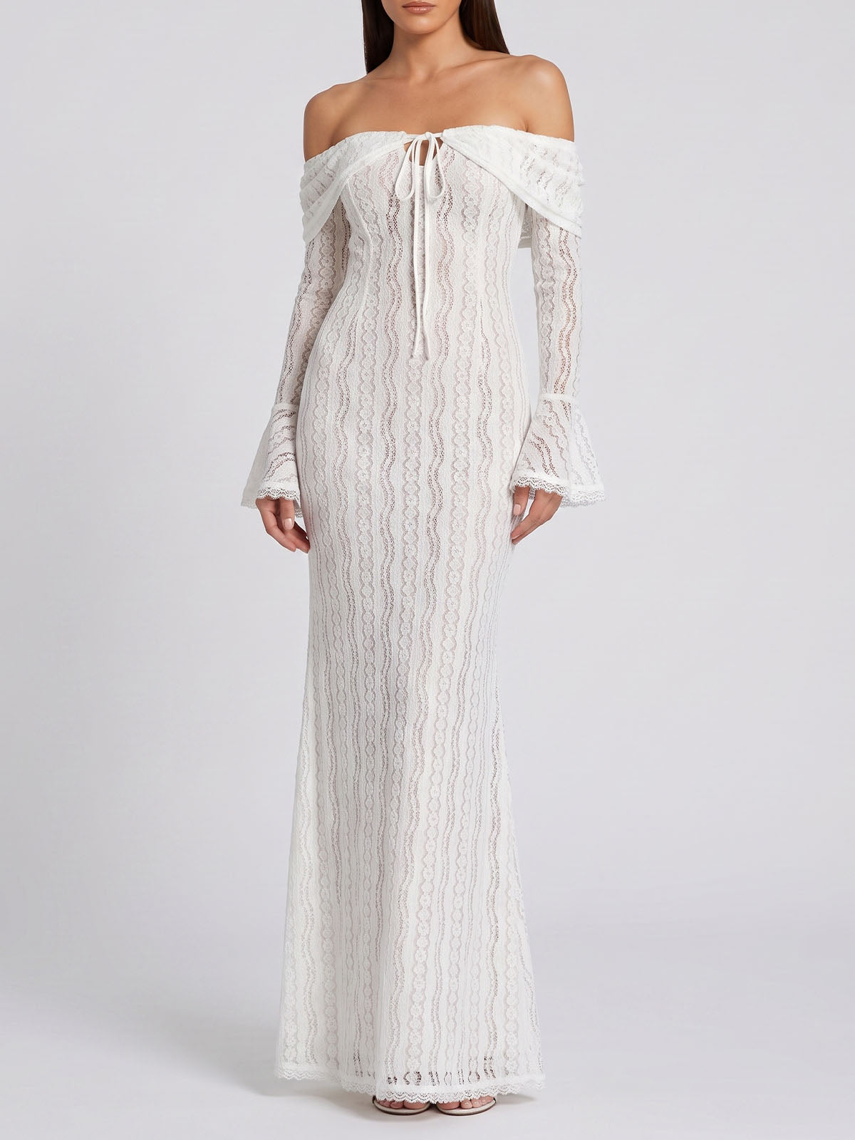 Graceful Bow Tie Off Shoulder Floral Lace Fishtail Maxi Dress - White