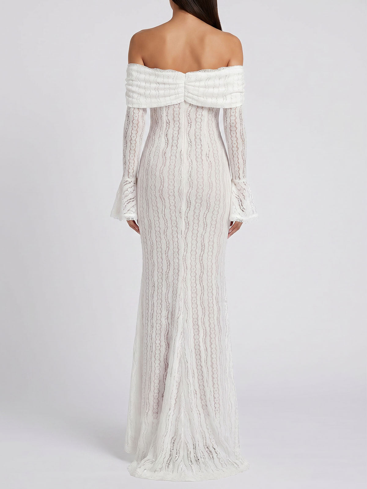 Graceful Bow Tie Off Shoulder Floral Lace Fishtail Maxi Dress - White