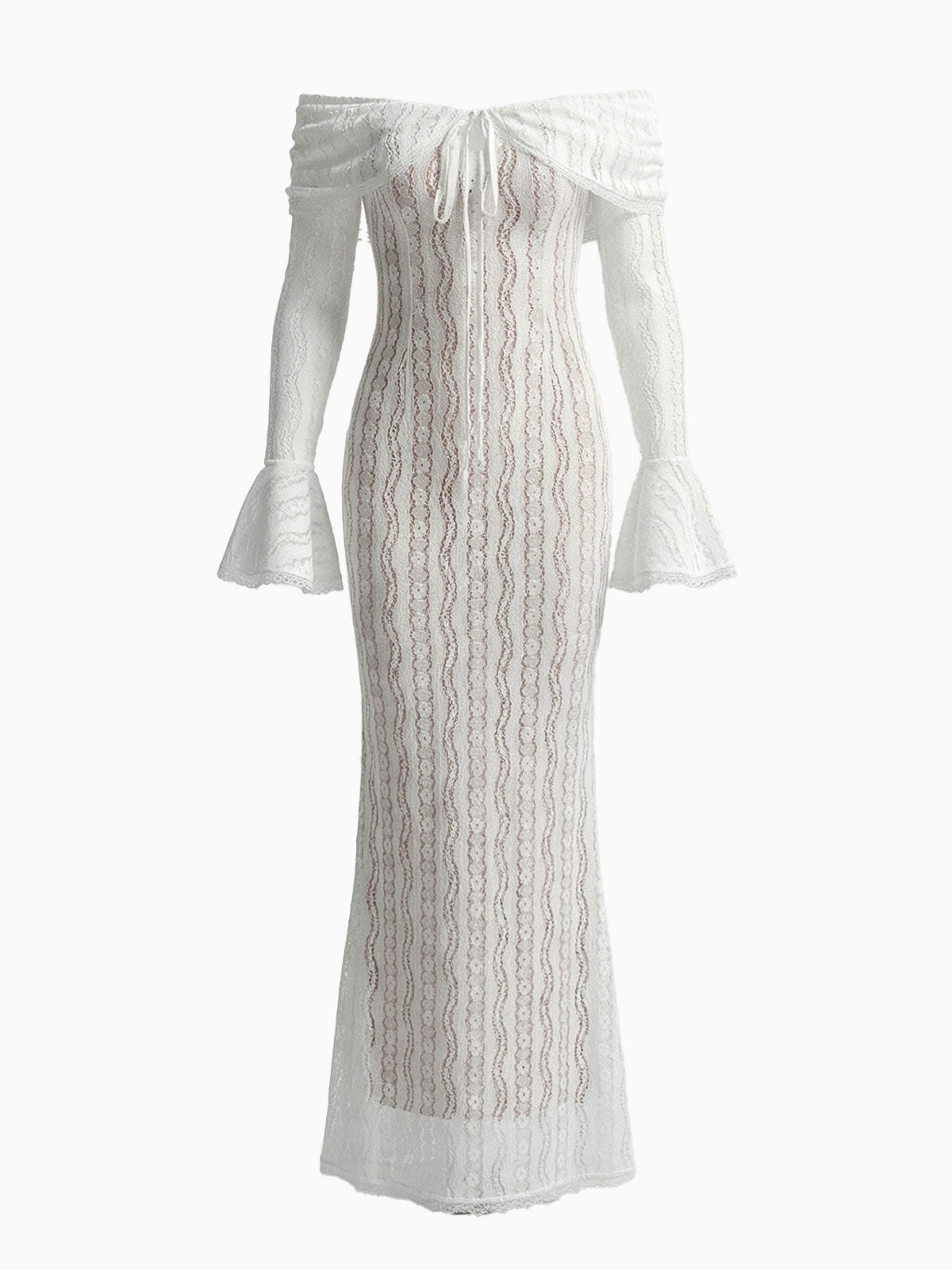Graceful Bow Tie Off Shoulder Floral Lace Fishtail Maxi Dress - White
