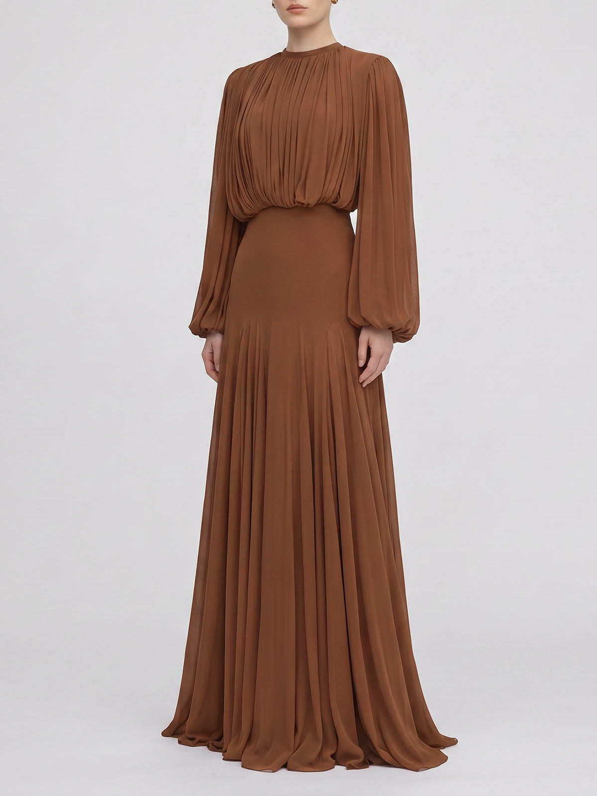 Graceful Crew Neck Ruched Chiffon Godet Formal Maxi Dress - Coffee