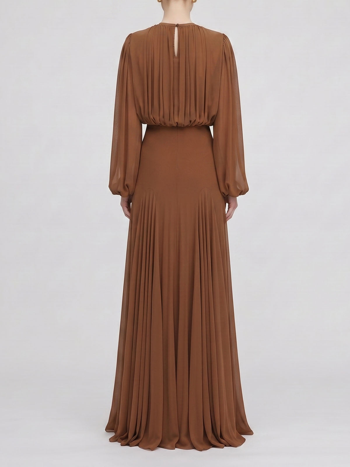 Graceful Crew Neck Ruched Chiffon Godet Formal Maxi Dress - Coffee
