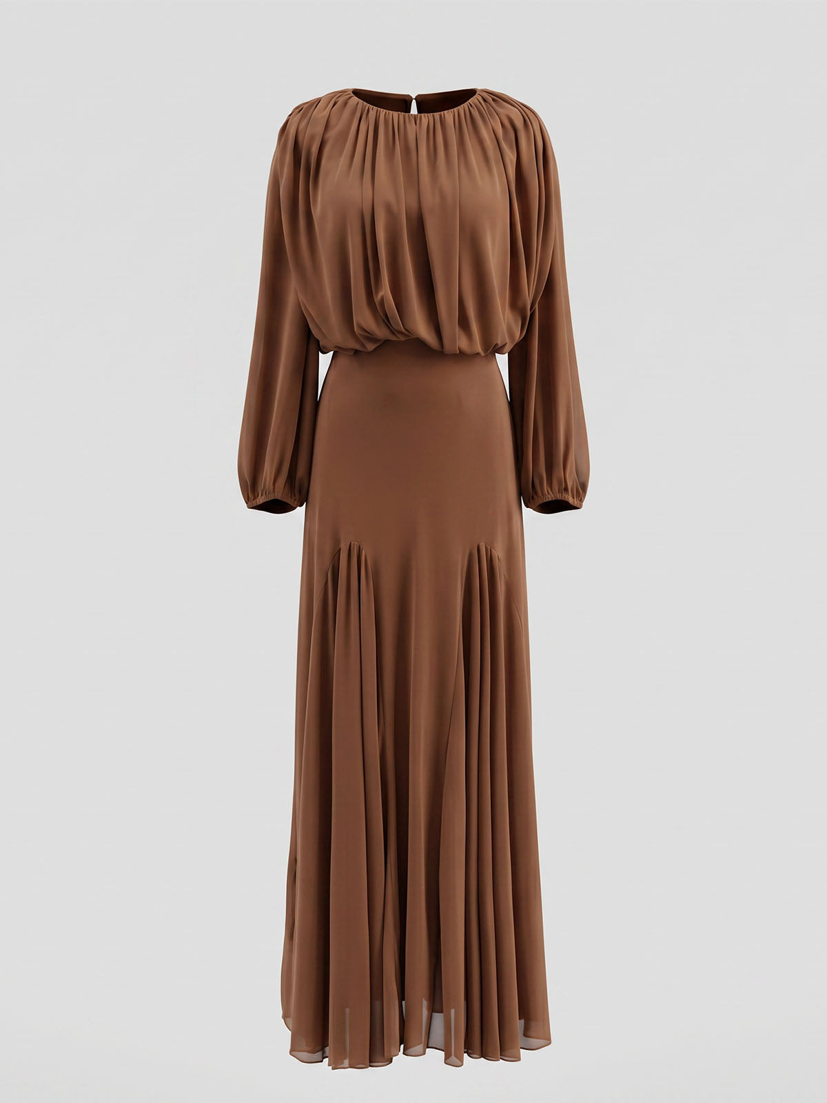 Graceful Crew Neck Ruched Chiffon Godet Formal Maxi Dress - Coffee
