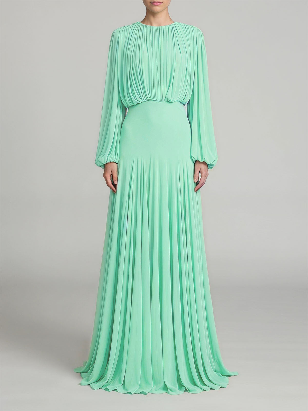 Graceful Crew Neck Ruched Chiffon Godet Formal Maxi Dress - Mint Green