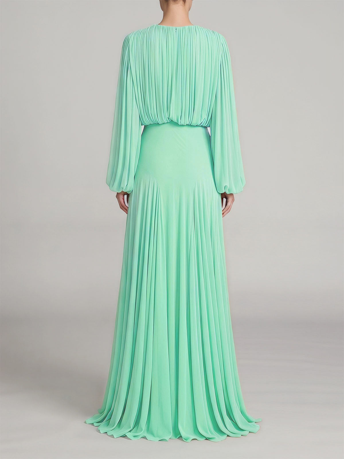 Graceful Crew Neck Ruched Chiffon Godet Formal Maxi Dress - Mint Green
