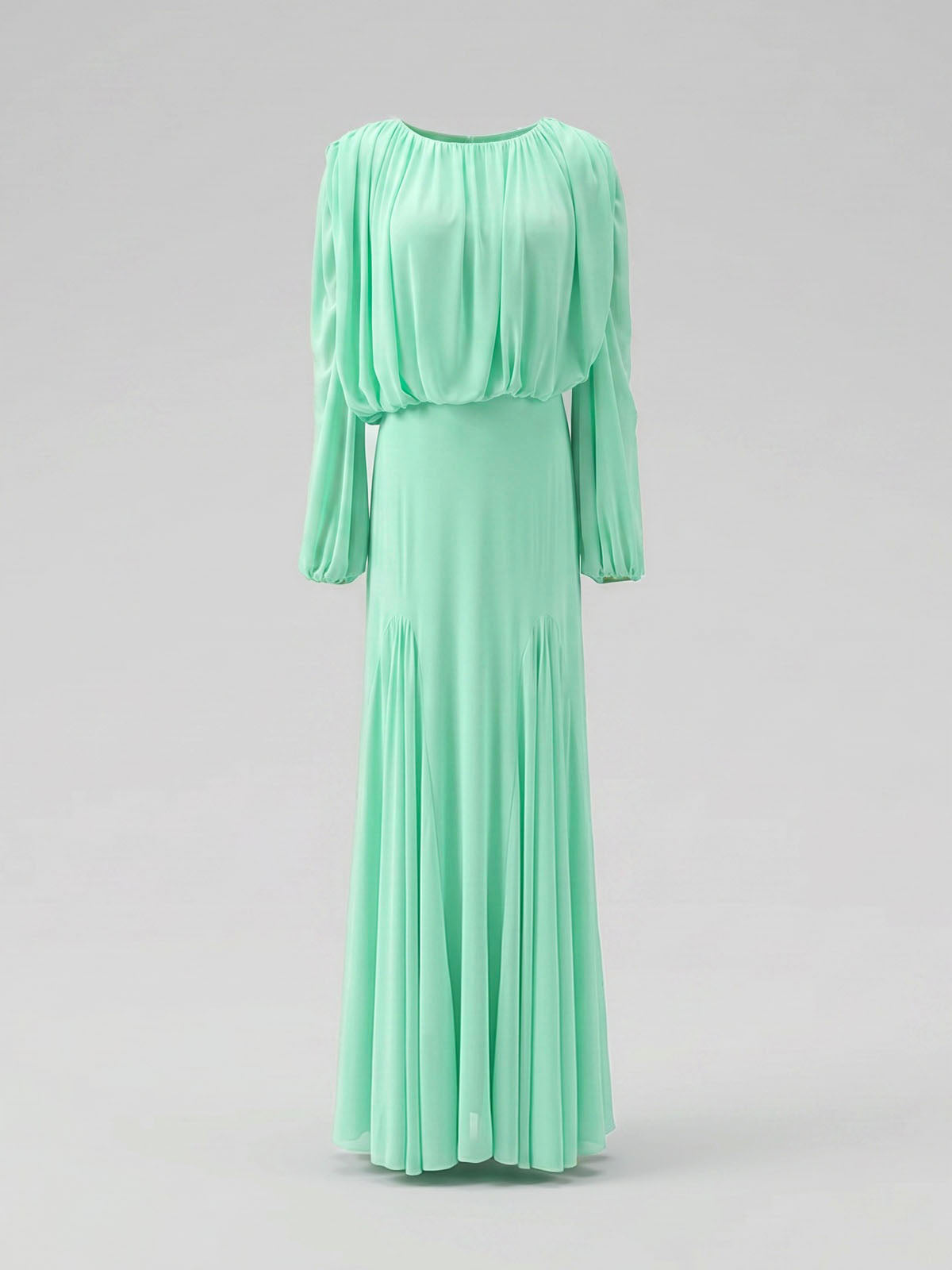 Graceful Crew Neck Ruched Chiffon Godet Formal Maxi Dress - Mint Green