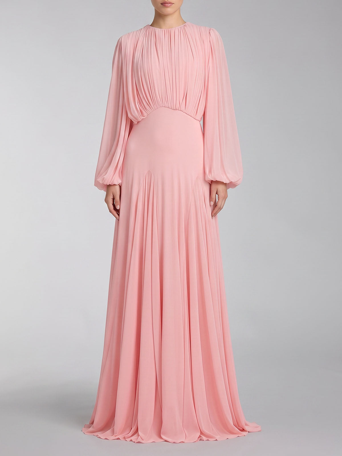 Graceful Crew Neck Ruched Chiffon Godet Formal Maxi Dress - Pink