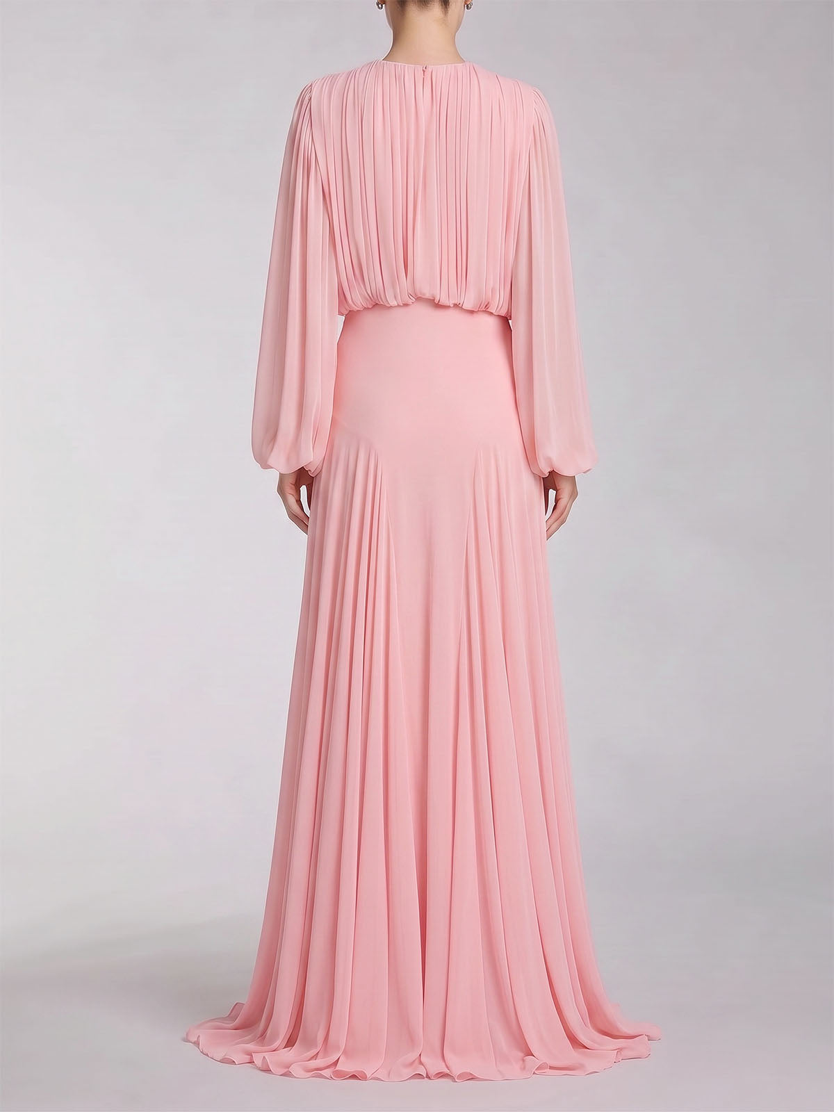 Graceful Crew Neck Ruched Chiffon Godet Formal Maxi Dress - Pink