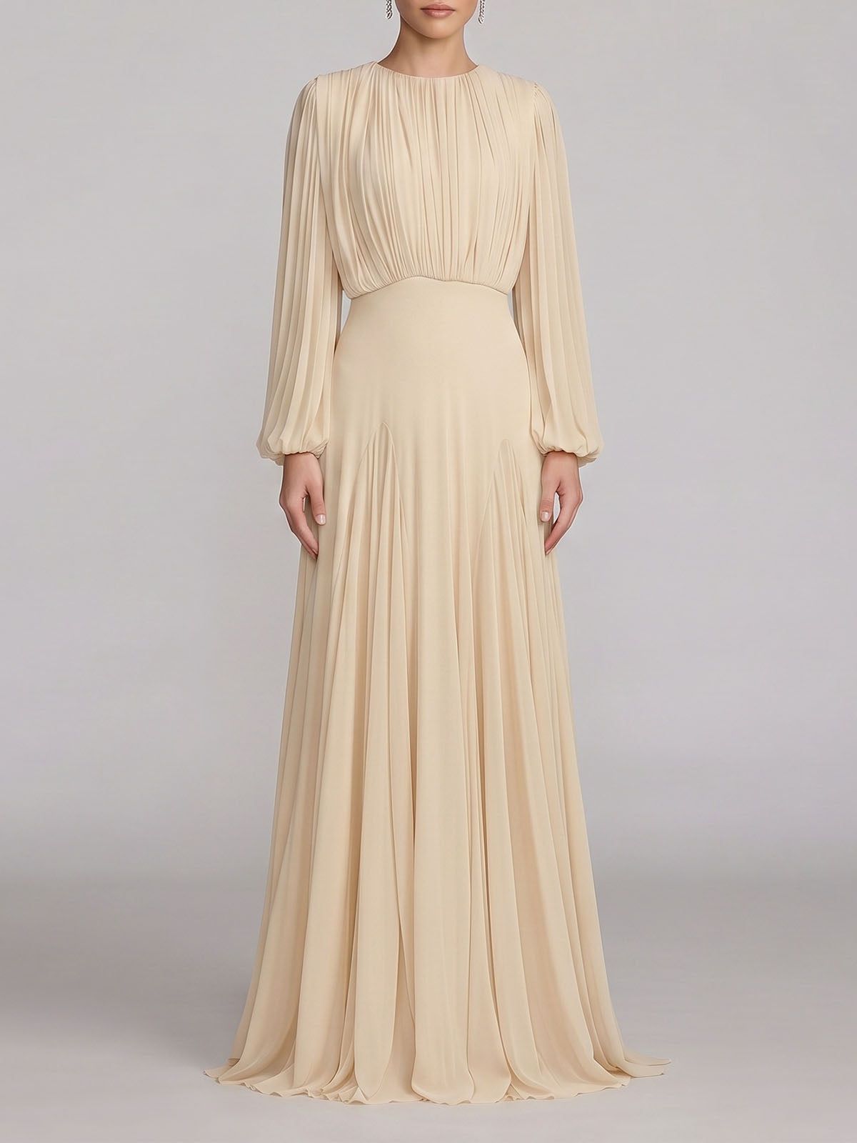Graceful Crew Neck Ruched Chiffon Godet Formal Maxi Dress - Nude