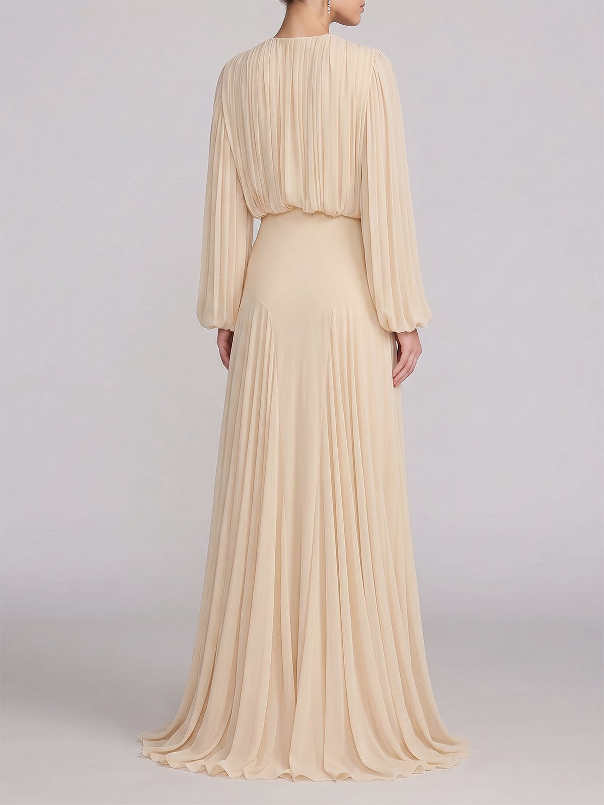 Graceful Crew Neck Ruched Chiffon Godet Formal Maxi Dress - Nude