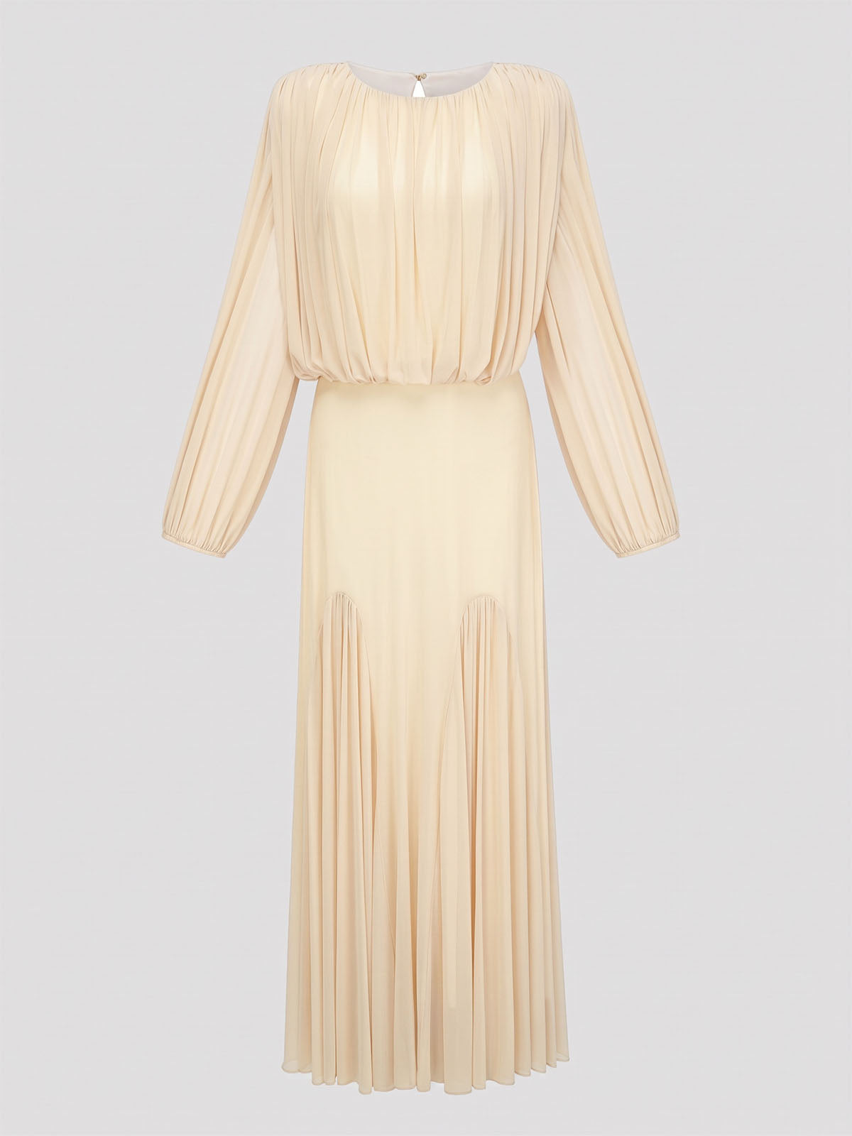 Graceful Crew Neck Ruched Chiffon Godet Formal Maxi Dress - Nude