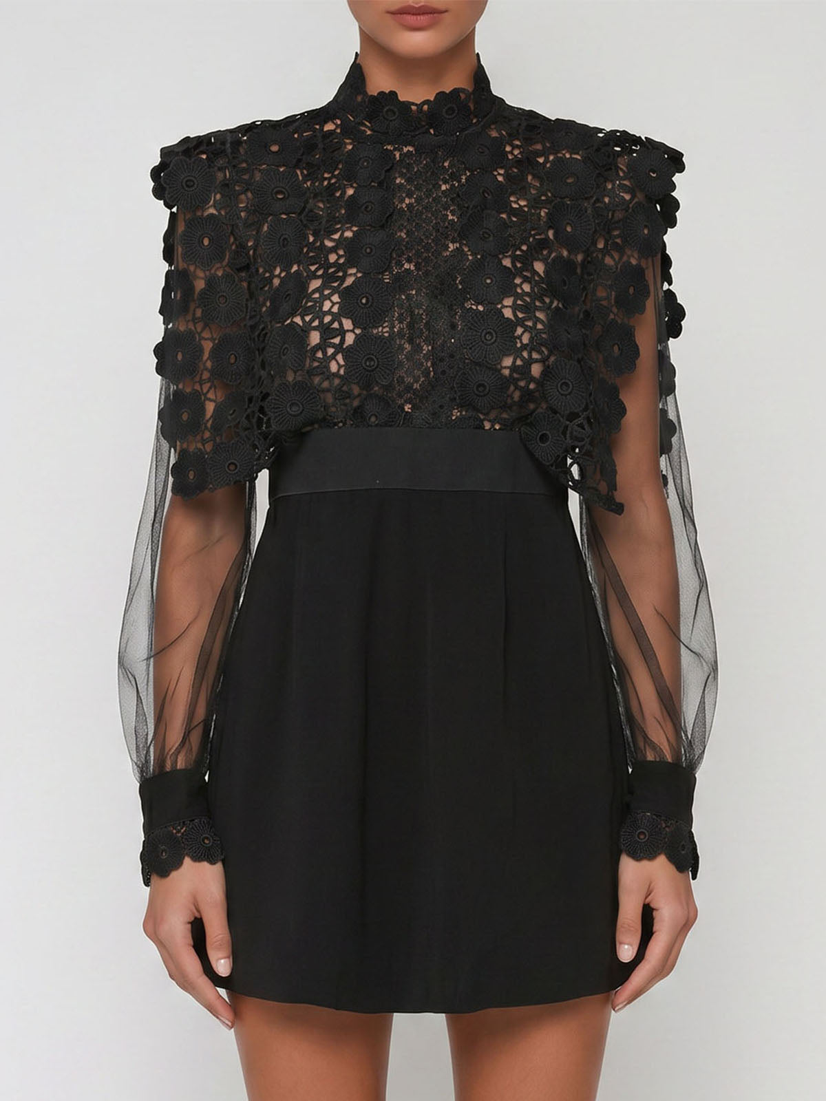 Graceful High Neck Guipure Lace Mesh Sleeve Party Mini Dress - Black