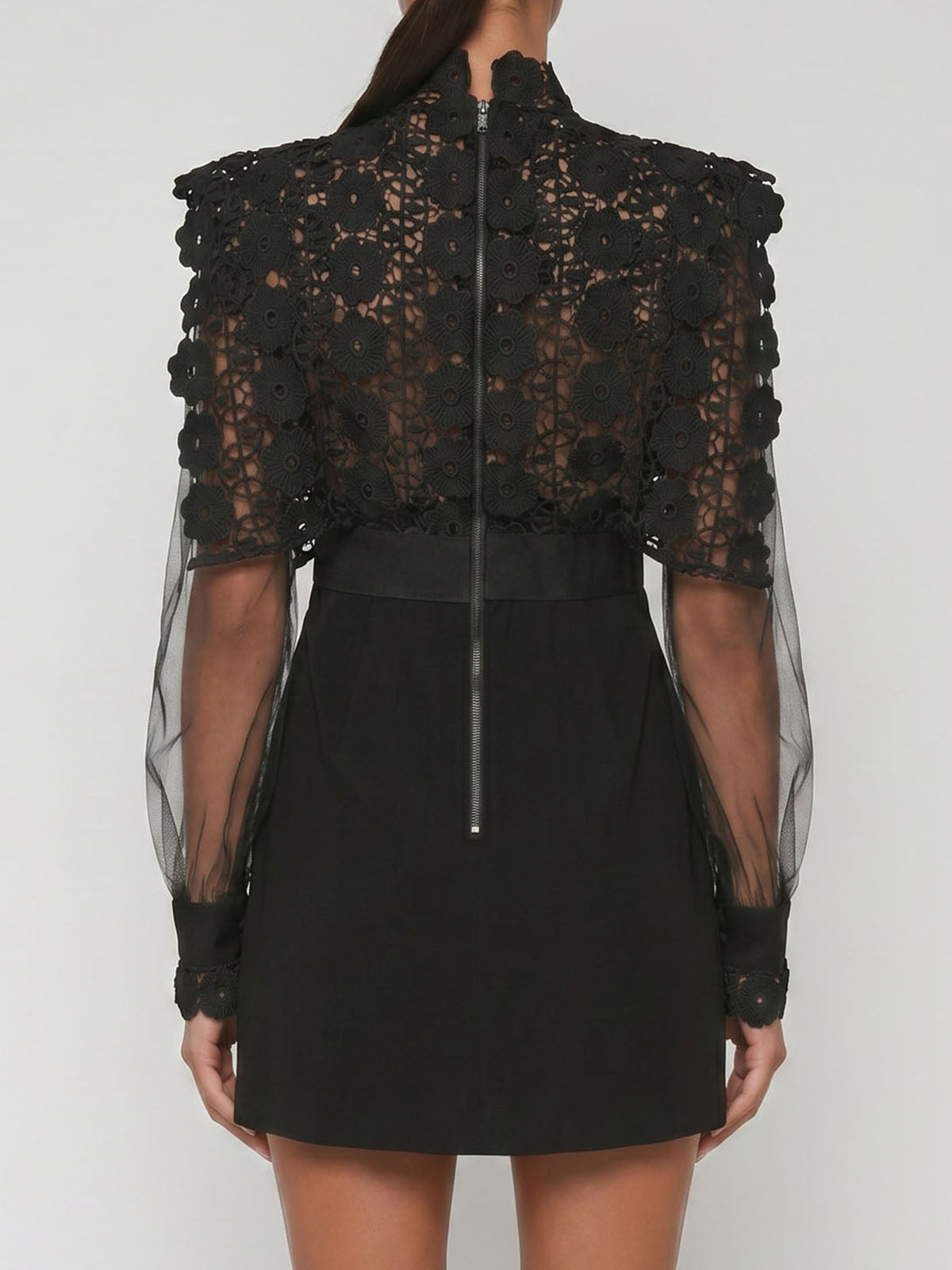 Graceful High Neck Guipure Lace Mesh Sleeve Party Mini Dress - Black