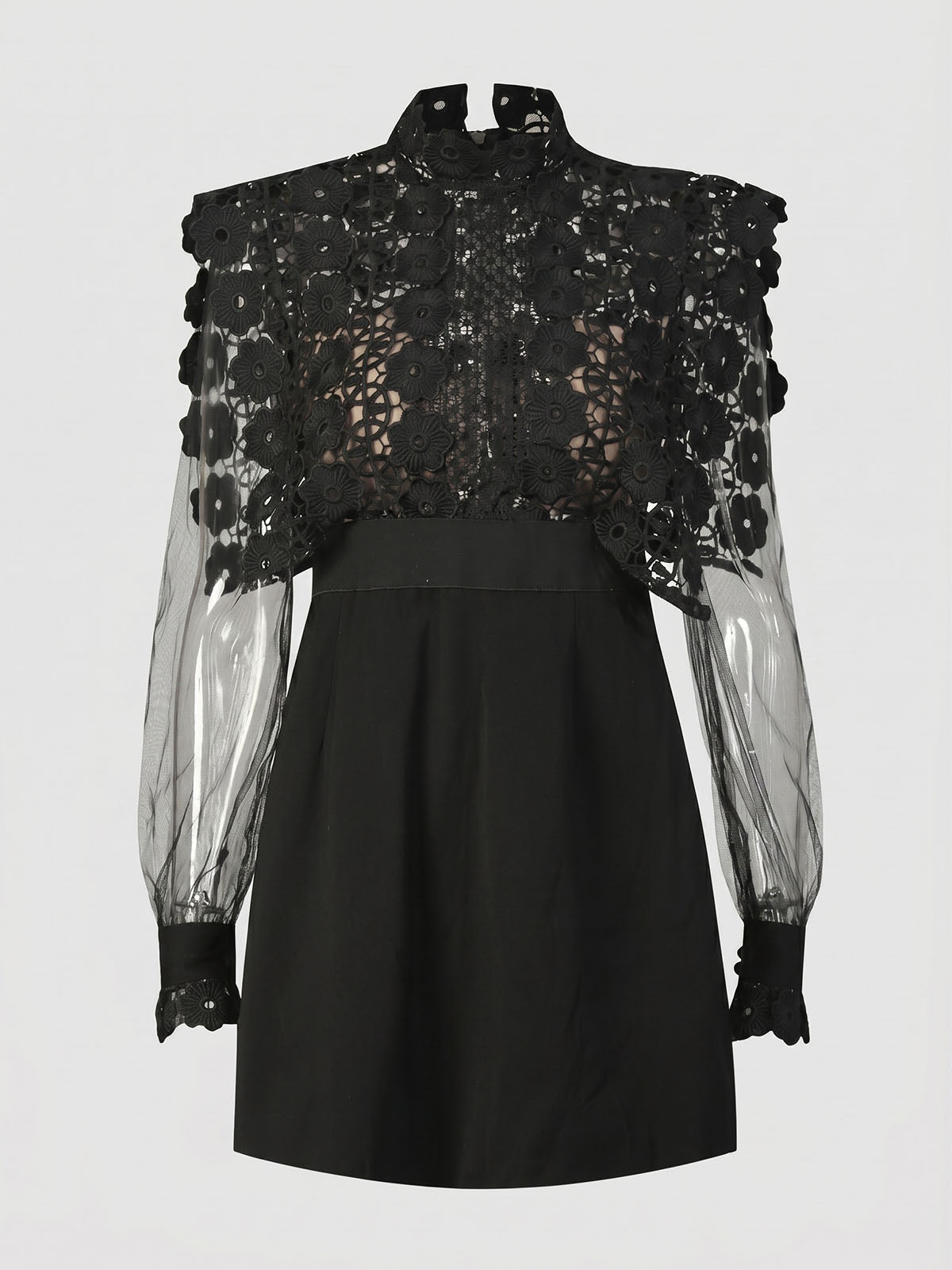 Graceful High Neck Guipure Lace Mesh Sleeve Party Mini Dress - Black