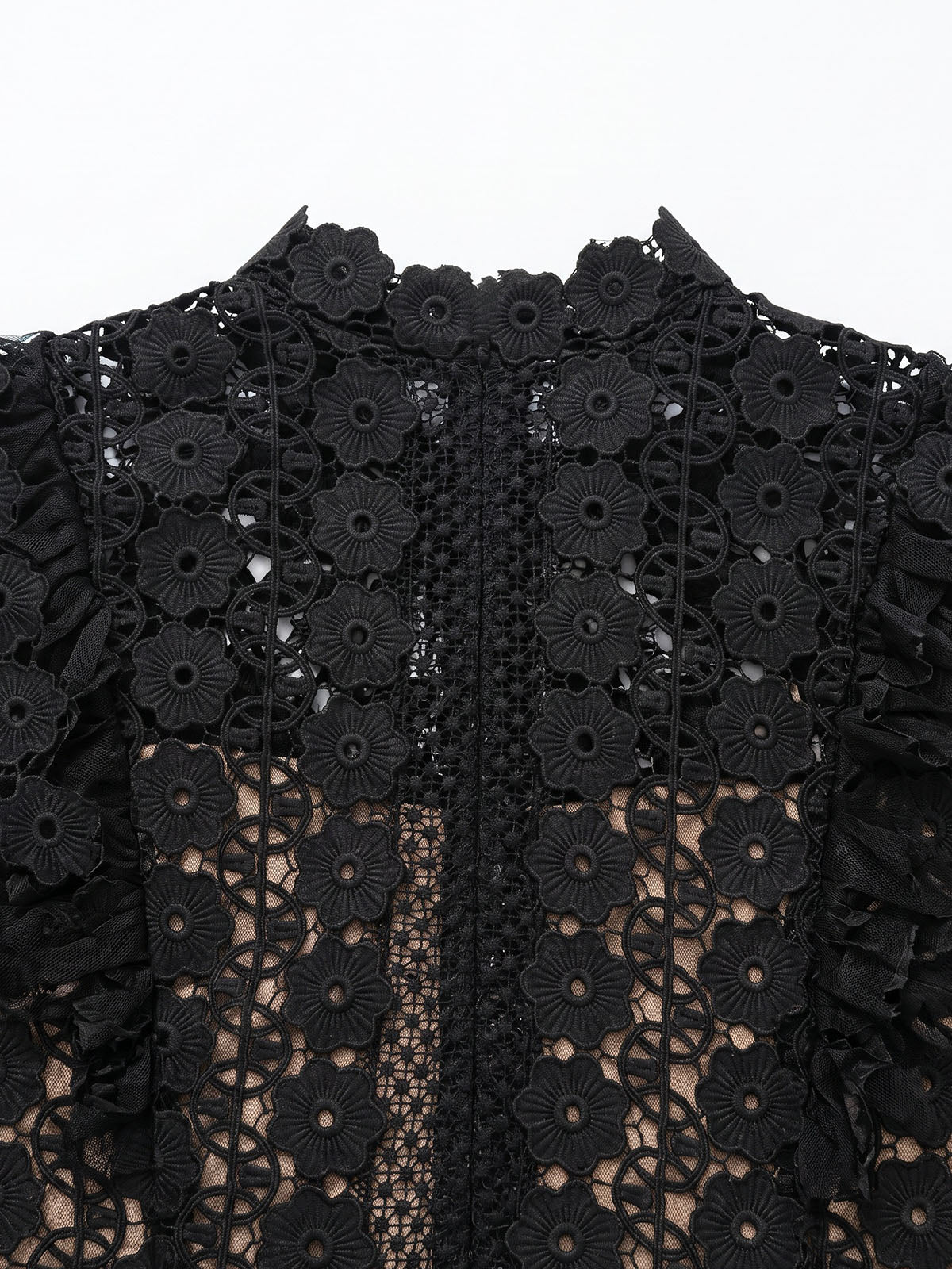 Graceful High Neck Guipure Lace Mesh Sleeve Party Mini Dress - Black