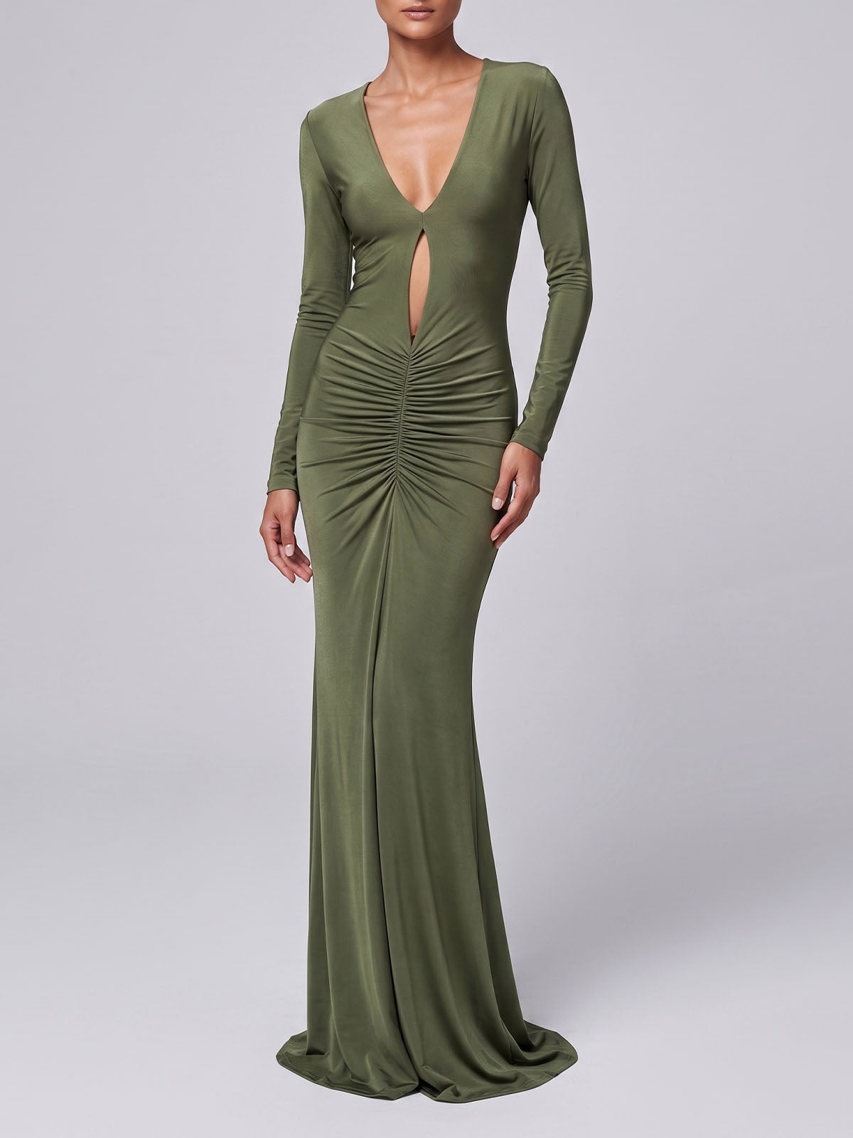 High End Deep V Neck Cutout Ruched Mermaid Maxi Dress - Army Green