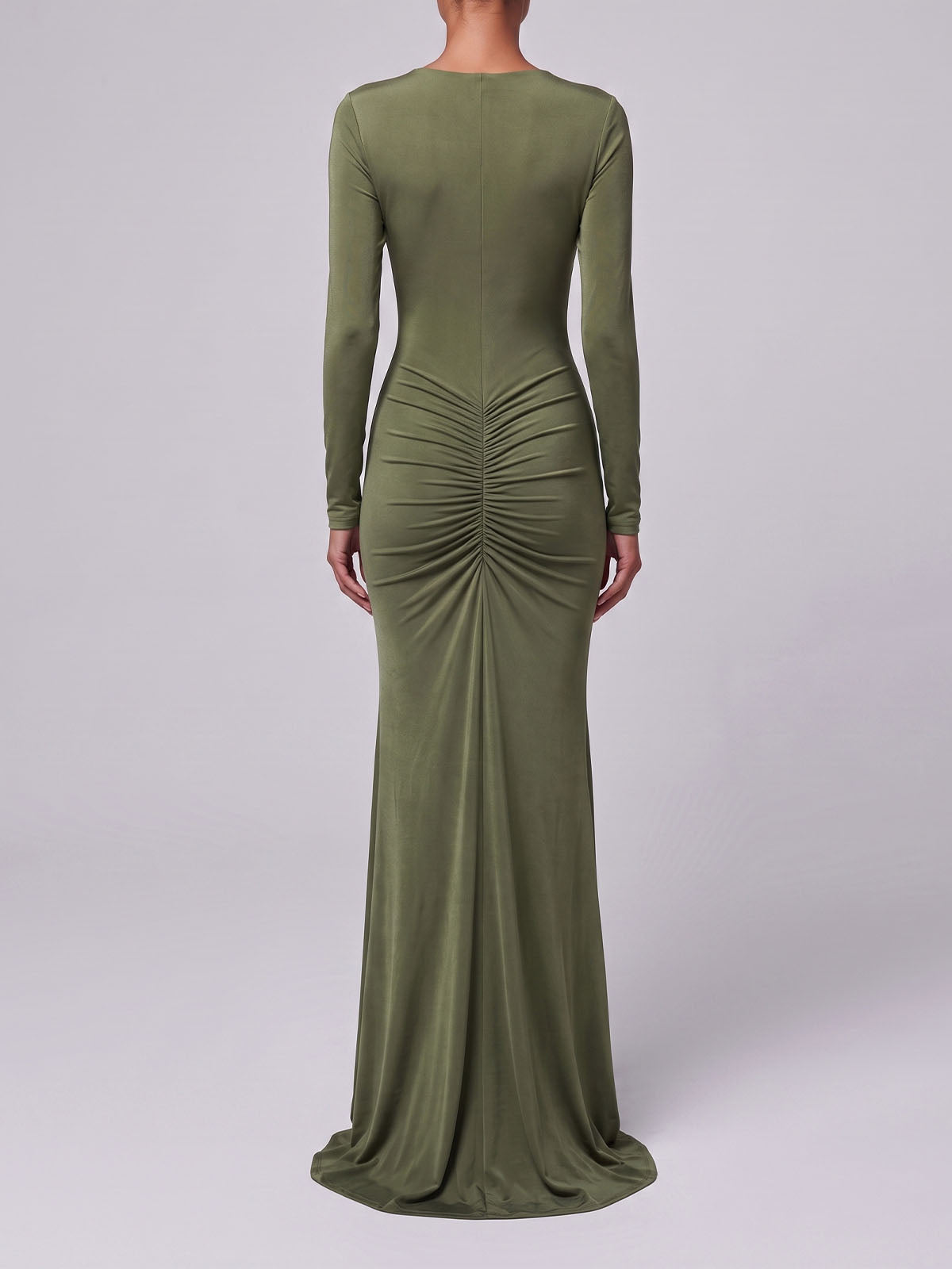 High End Deep V Neck Cutout Ruched Mermaid Maxi Dress - Army Green