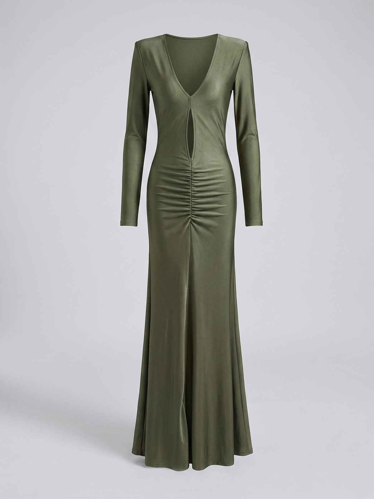 High End Deep V Neck Cutout Ruched Mermaid Maxi Dress - Army Green