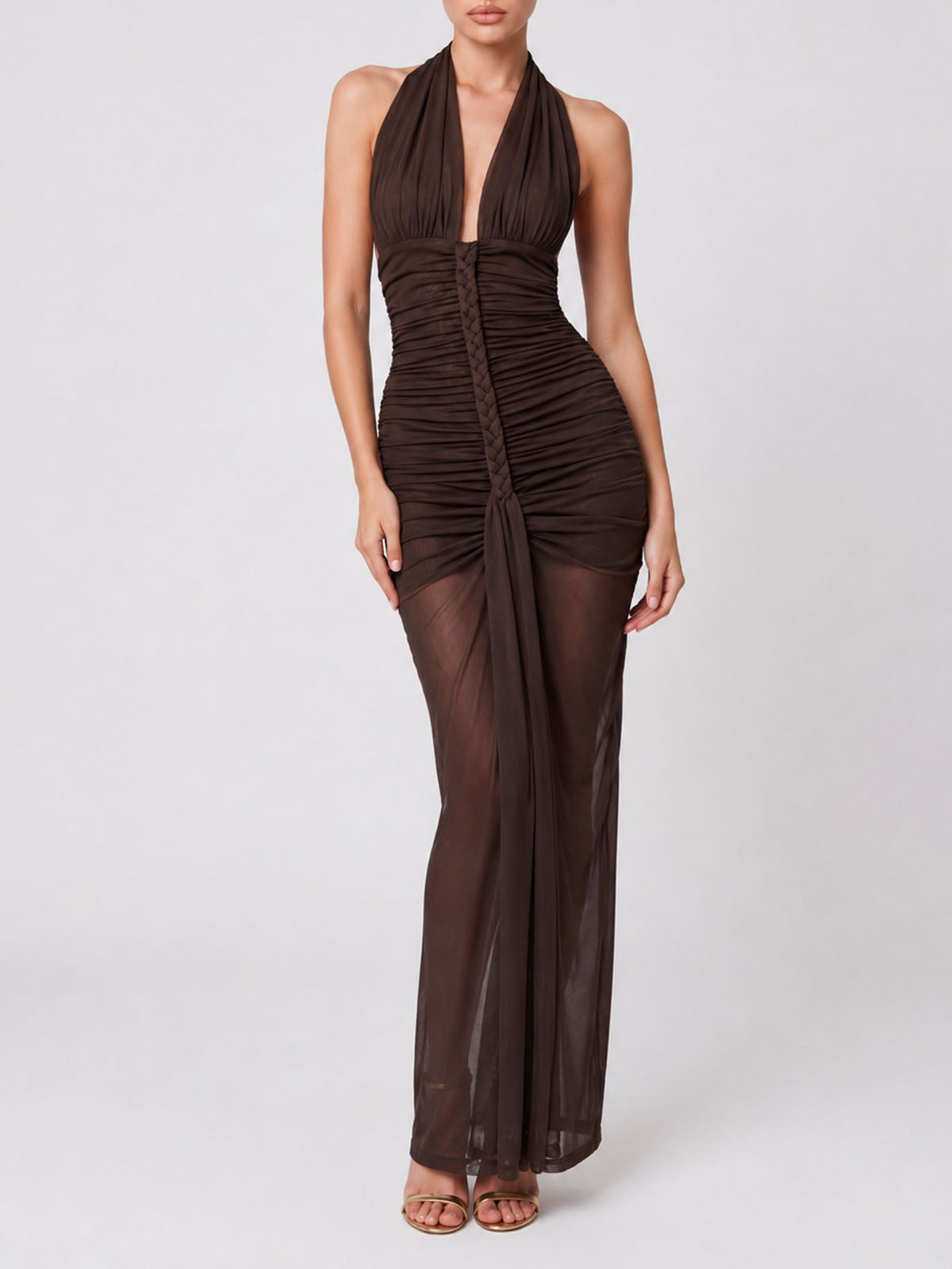 High End Plunge Halter Braided Ruched Mesh Formal Maxi Dress - Coffee