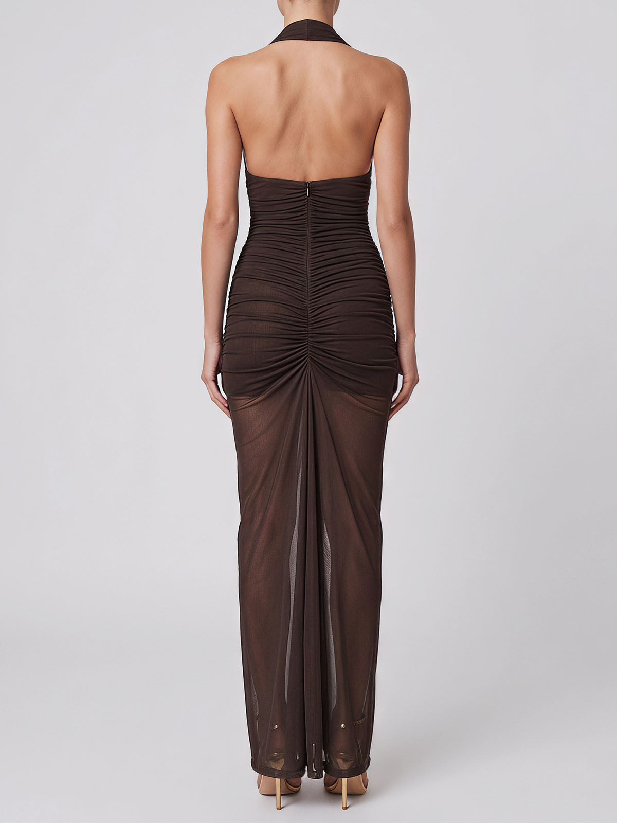 High End Plunge Halter Braided Ruched Mesh Formal Maxi Dress - Coffee