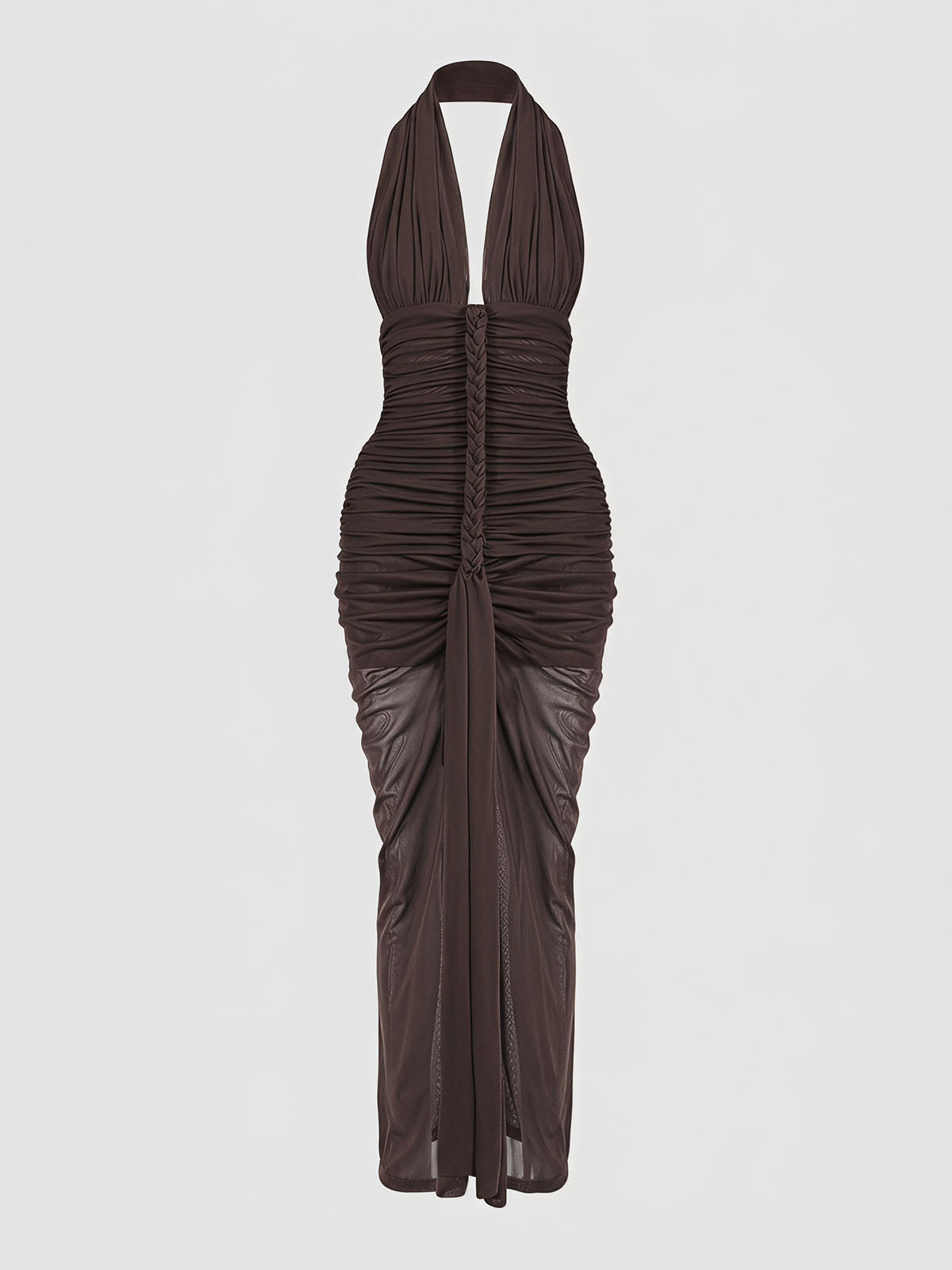 High End Plunge Halter Braided Ruched Mesh Formal Maxi Dress - Coffee