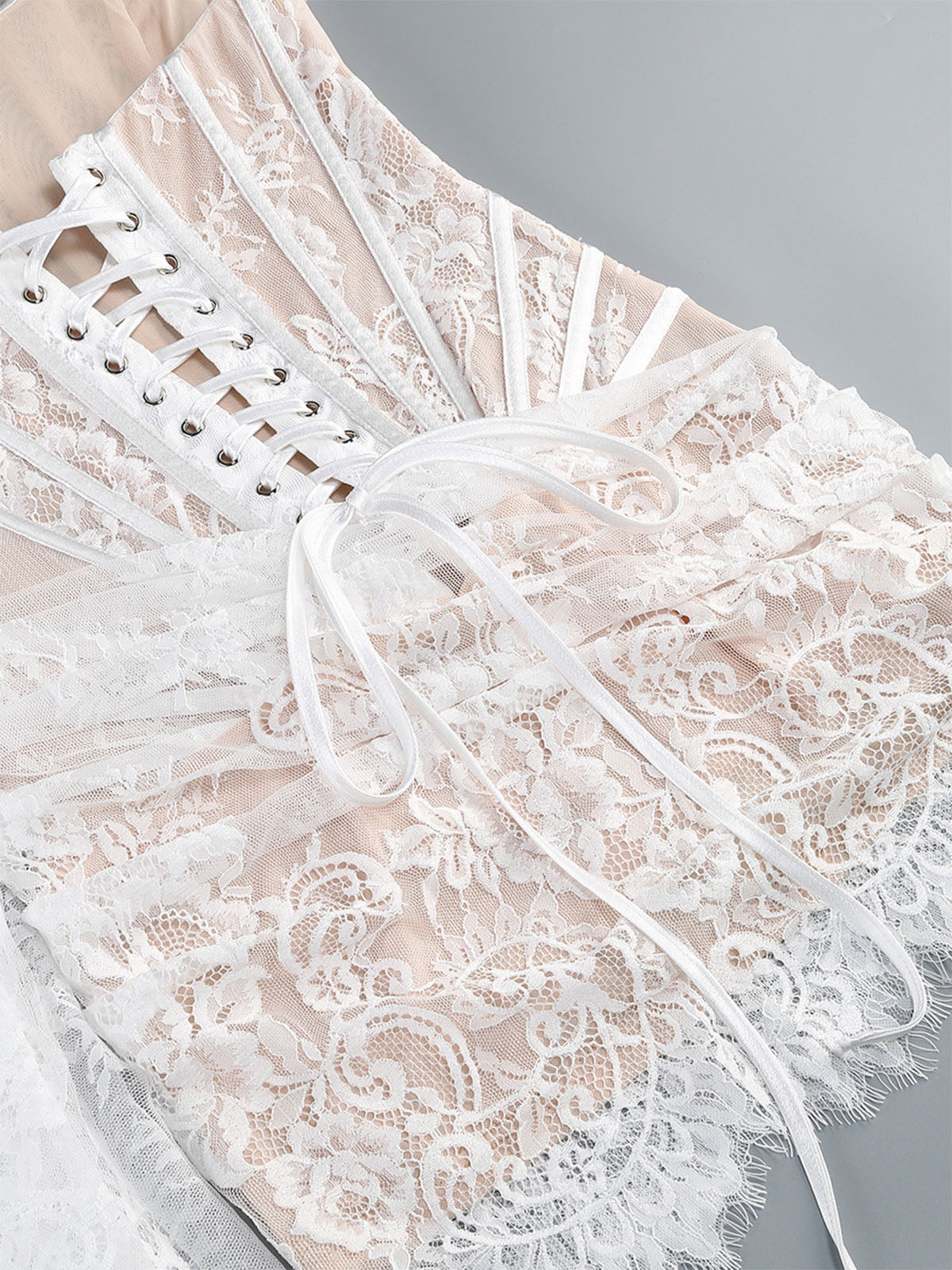 High End Strapless Lace Corset Fishtail Formal Maxi Dress - White