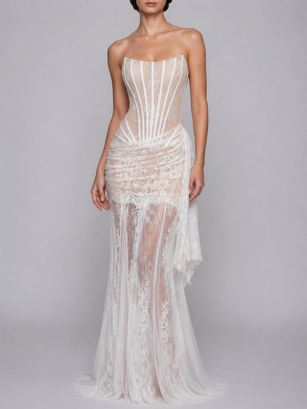 High End Strapless Lace Corset Fishtail Formal Maxi Dress - White