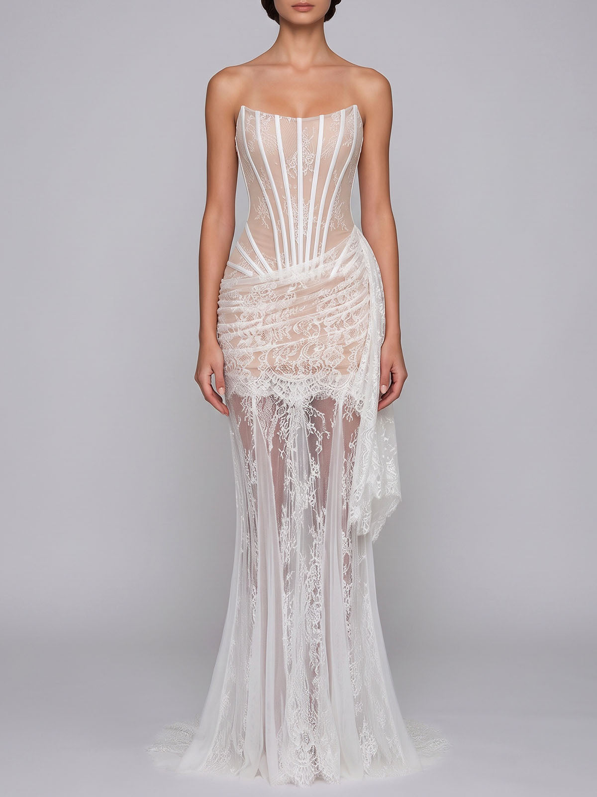 High End Strapless Lace Corset Fishtail Formal Maxi Dress - White