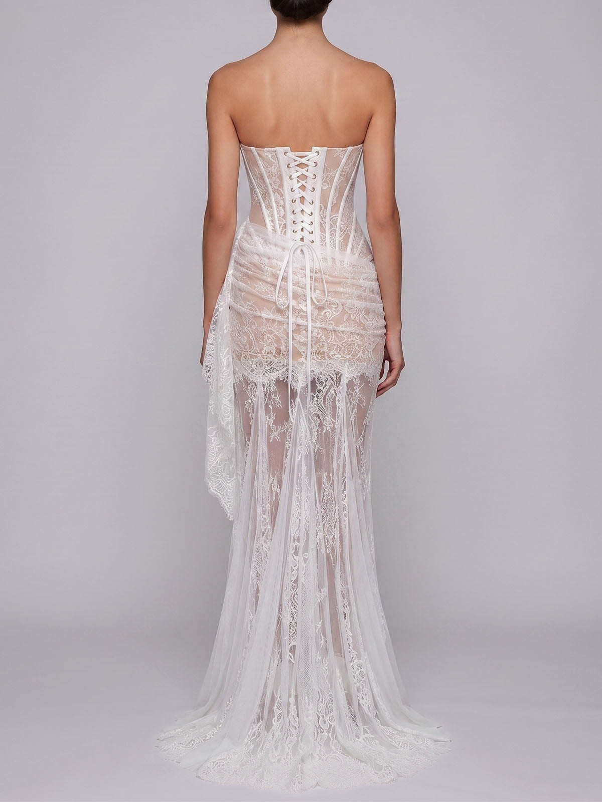High End Strapless Lace Corset Fishtail Formal Maxi Dress - White