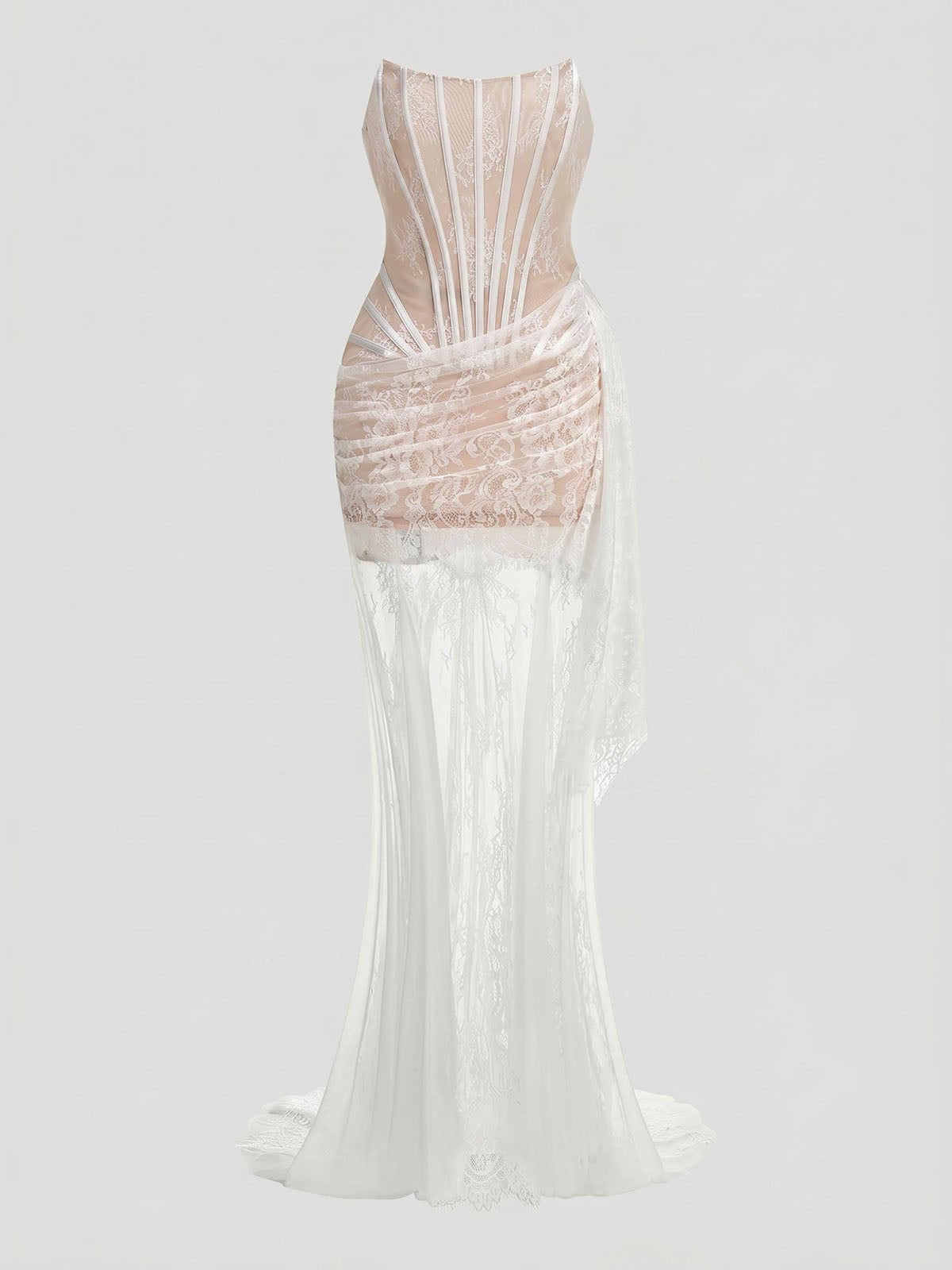 High End Strapless Lace Corset Fishtail Formal Maxi Dress - White