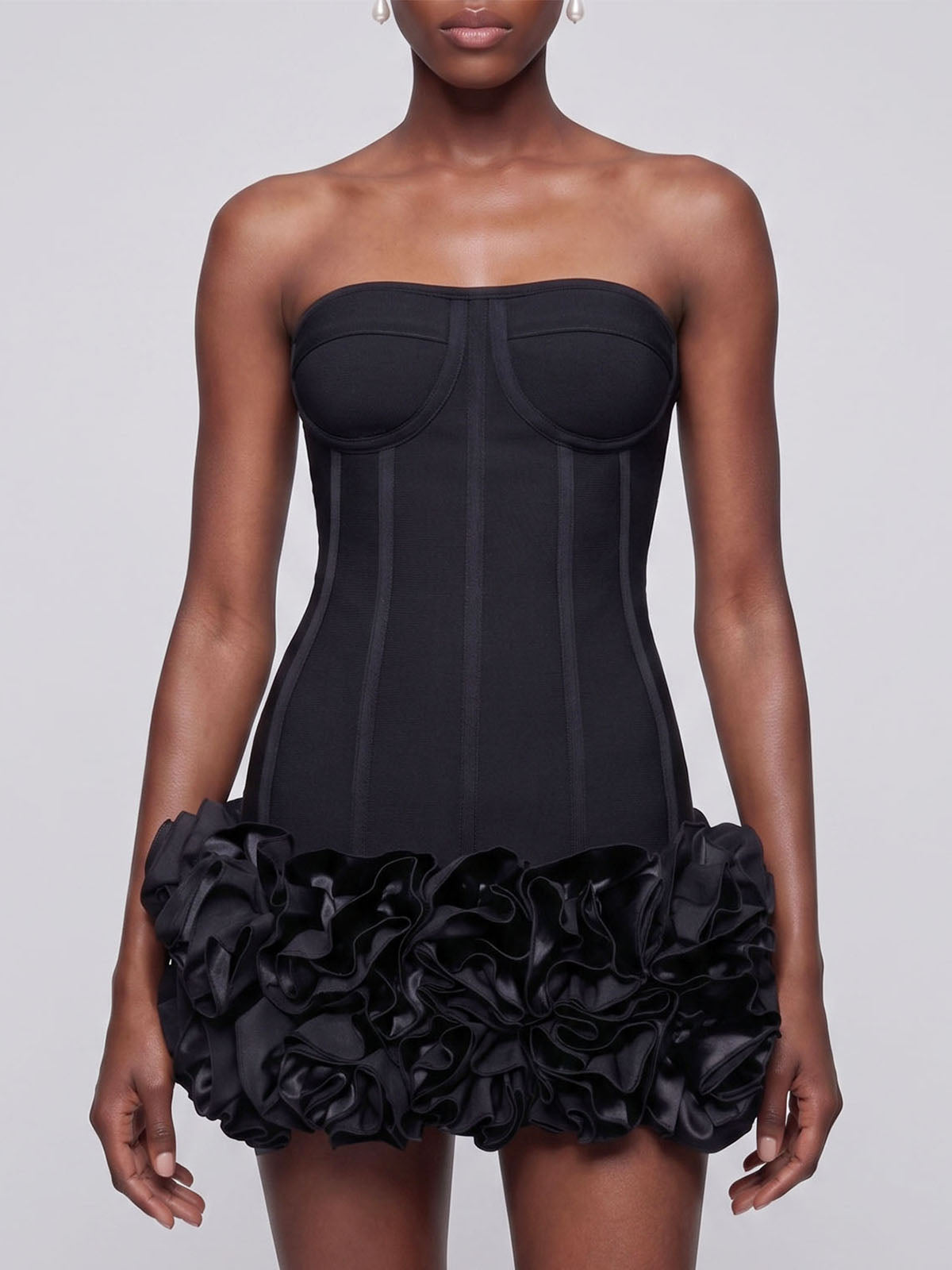 High End Strapless Lace Up Bandage Flower Party Mini Dress - Black