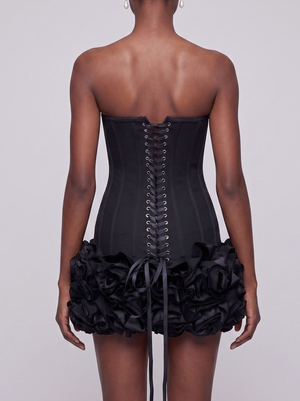 High End Strapless Lace Up Bandage Flower Party Mini Dress - Black