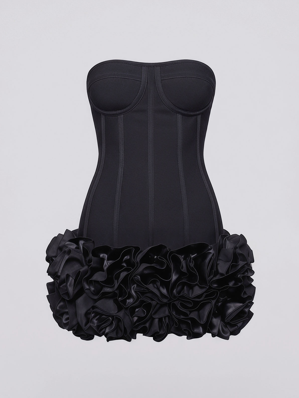 High End Strapless Lace Up Bandage Flower Party Mini Dress - Black