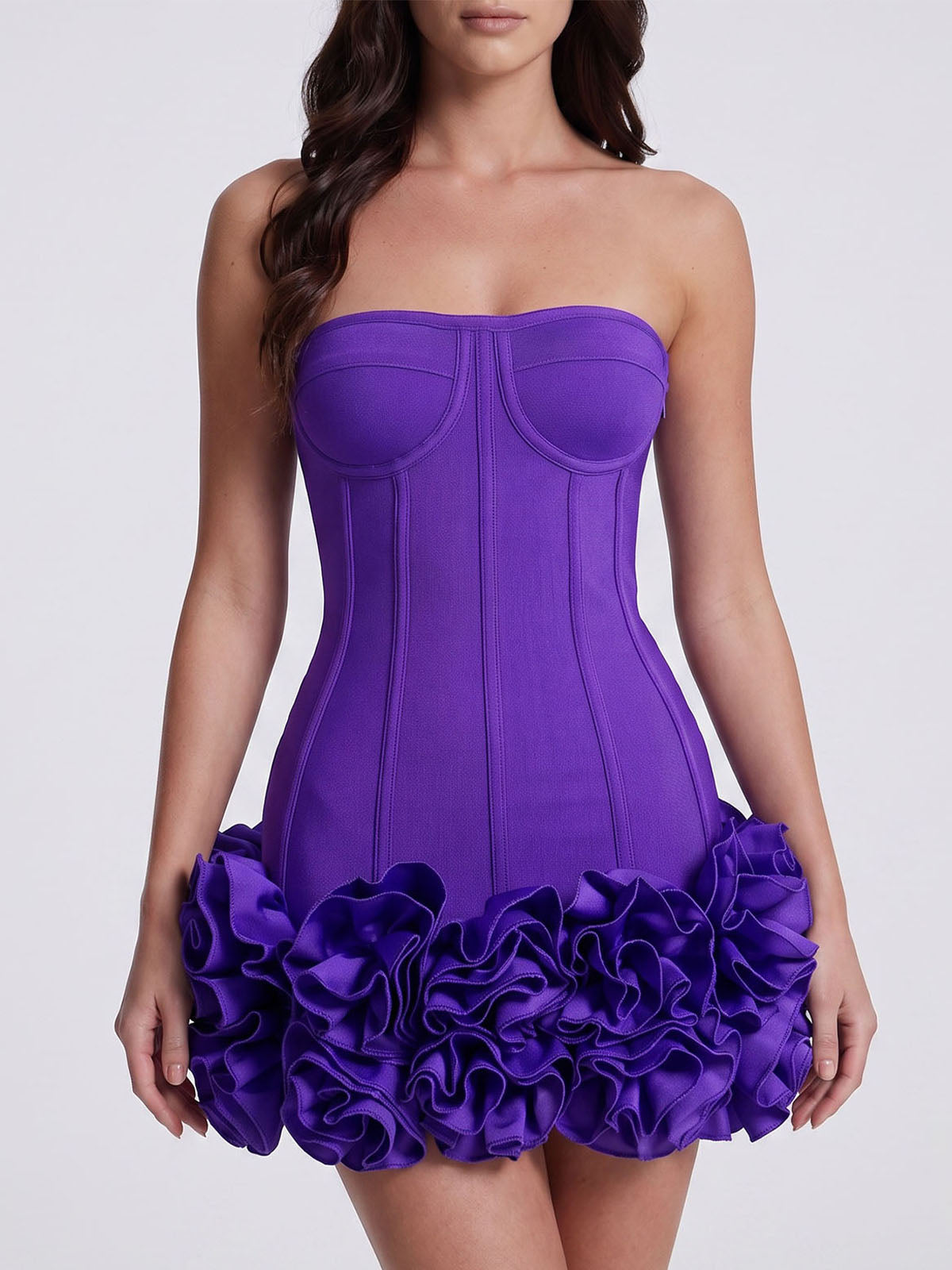 High End Strapless Lace Up Bandage Flower Party Mini Dress - Dark Purple