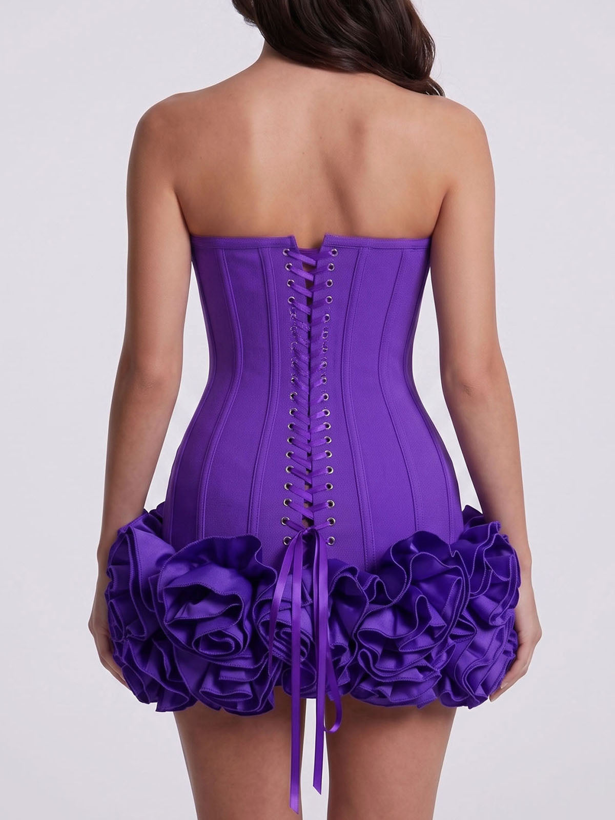 High End Strapless Lace Up Bandage Flower Party Mini Dress - Dark Purple