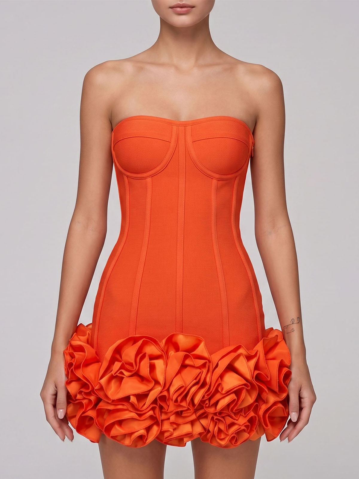 High End Strapless Lace Up Bandage Flower Party Mini Dress - Orange