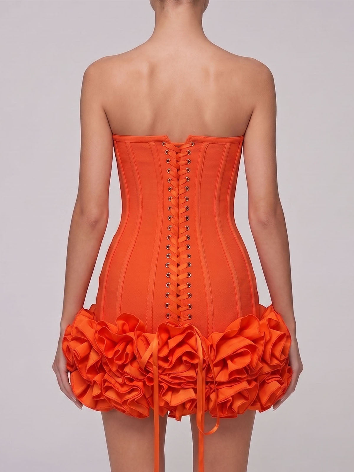 High End Strapless Lace Up Bandage Flower Party Mini Dress - Orange