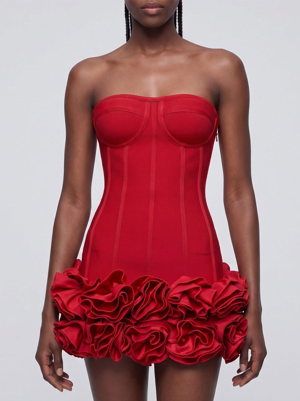 High End Strapless Lace Up Bandage Flower Party Mini Dress - Red