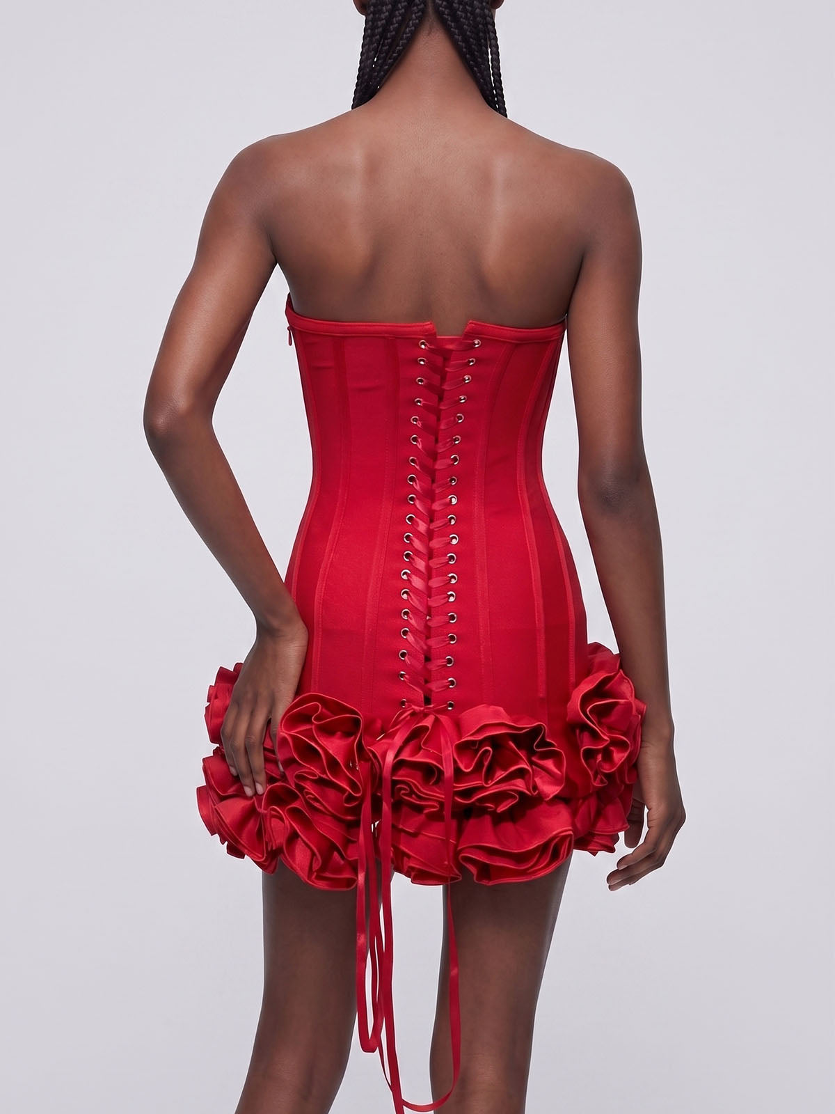 High End Strapless Lace Up Bandage Flower Party Mini Dress - Red