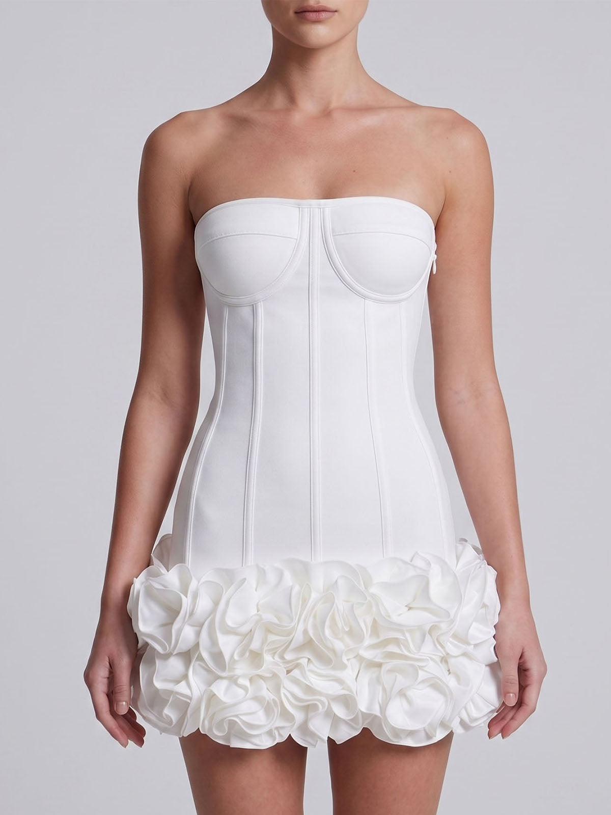 High End Strapless Lace Up Bandage Flower Party Mini Dress - White