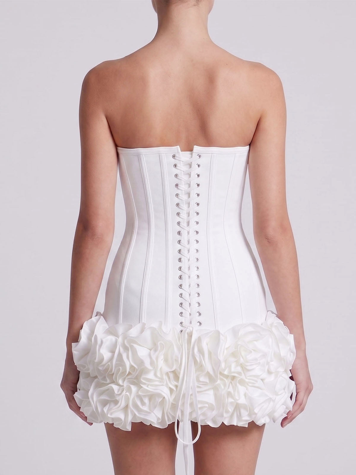 High End Strapless Lace Up Bandage Flower Party Mini Dress - White